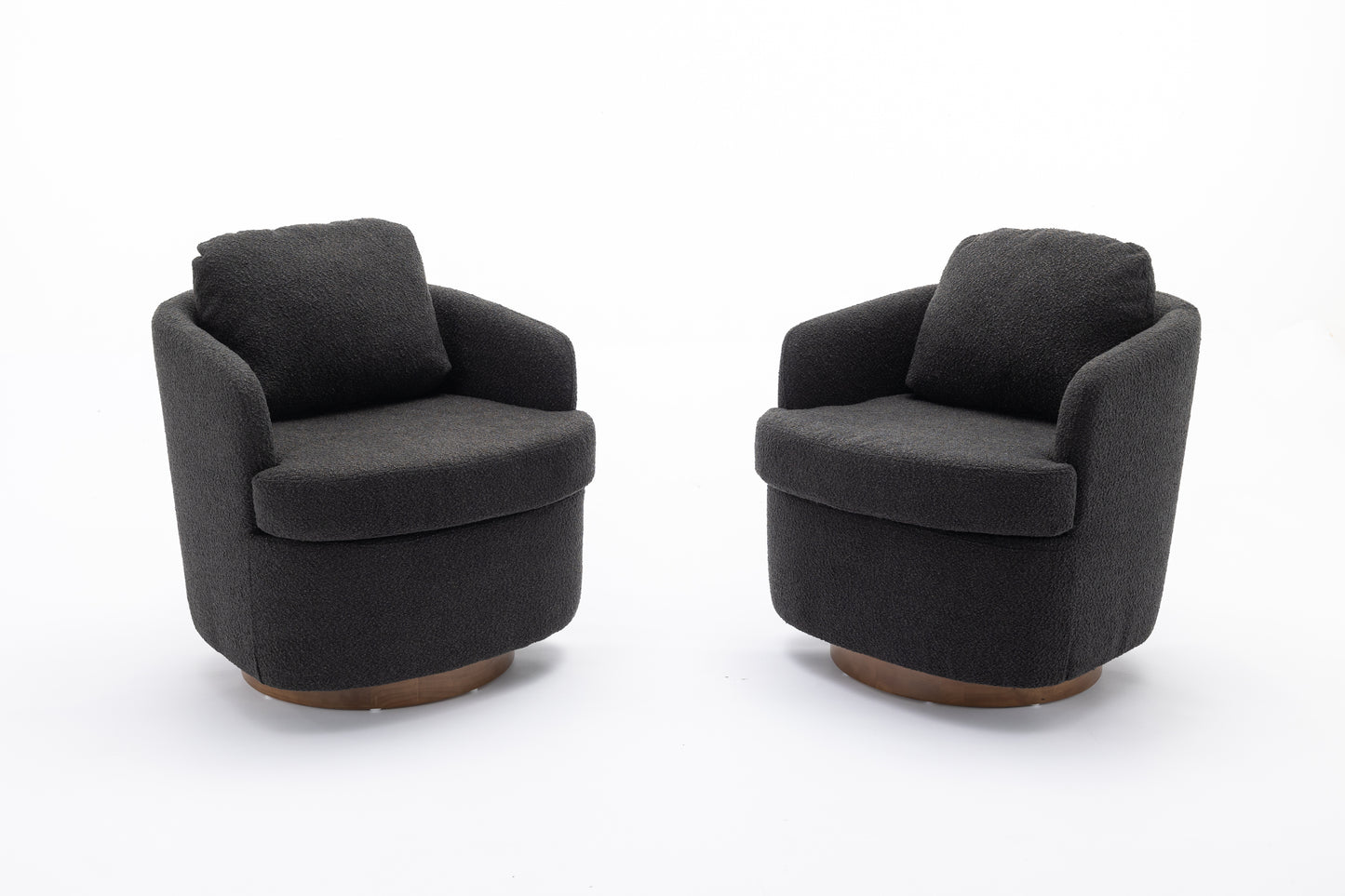Dark grey boucle armchair with rounded shape and wooden base perfect for a modern living room
