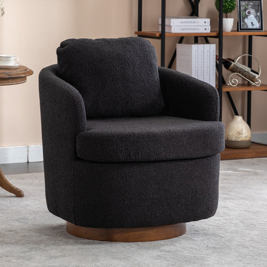 Black boucle swivel chair with plush seat and round wooden base perfect for modern living rooms