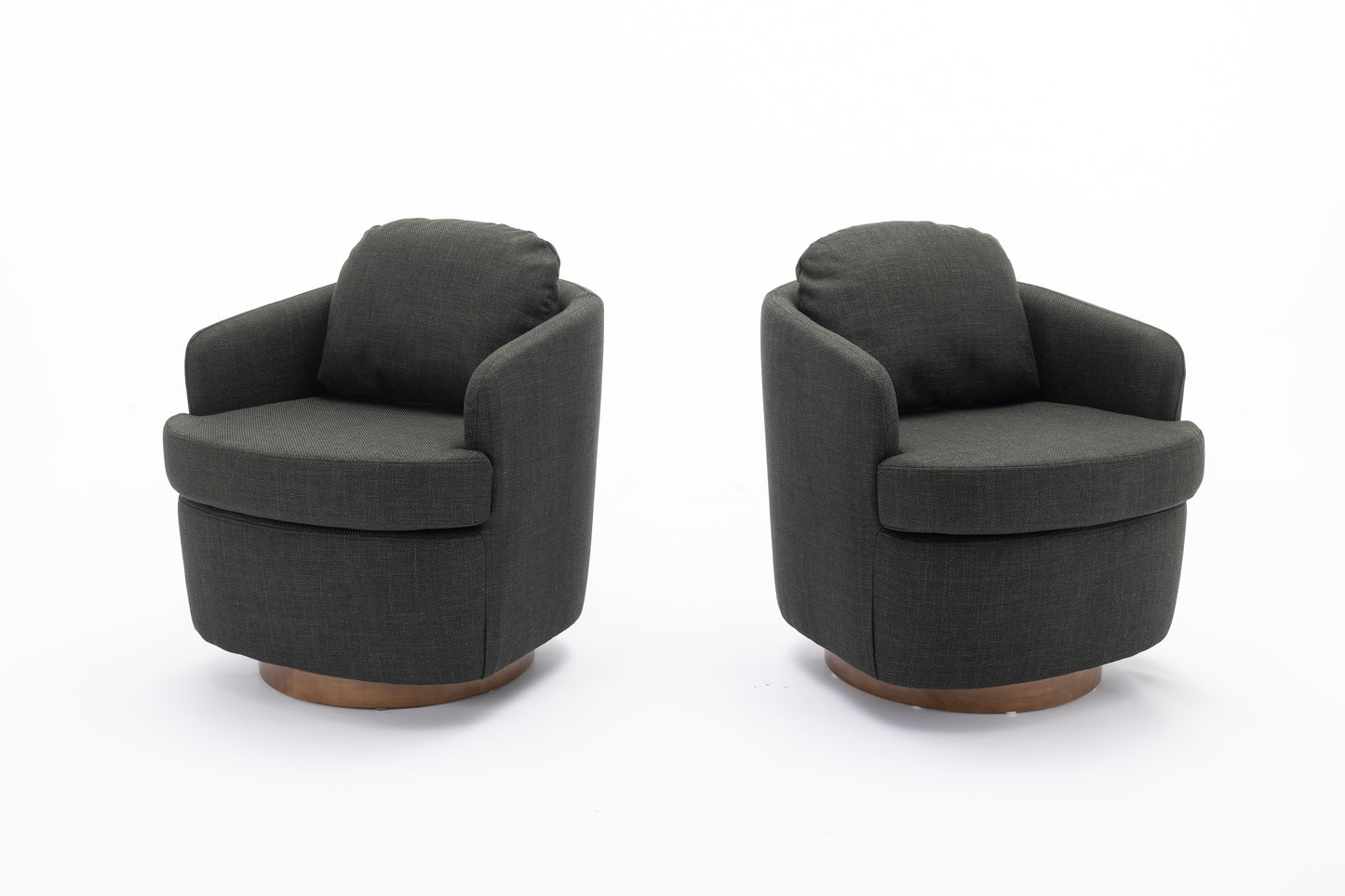 Two dark grey fabric swivel accent chairs with wood bases on a white background
