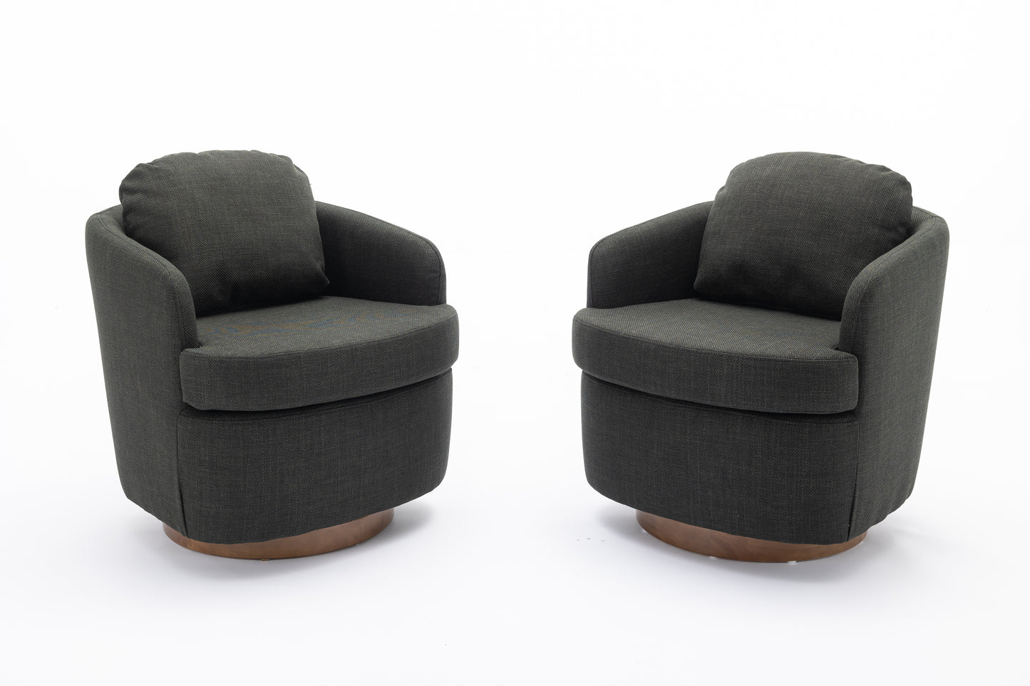 Charcoal fabric swivel accent chair with round wooden base for living room seating