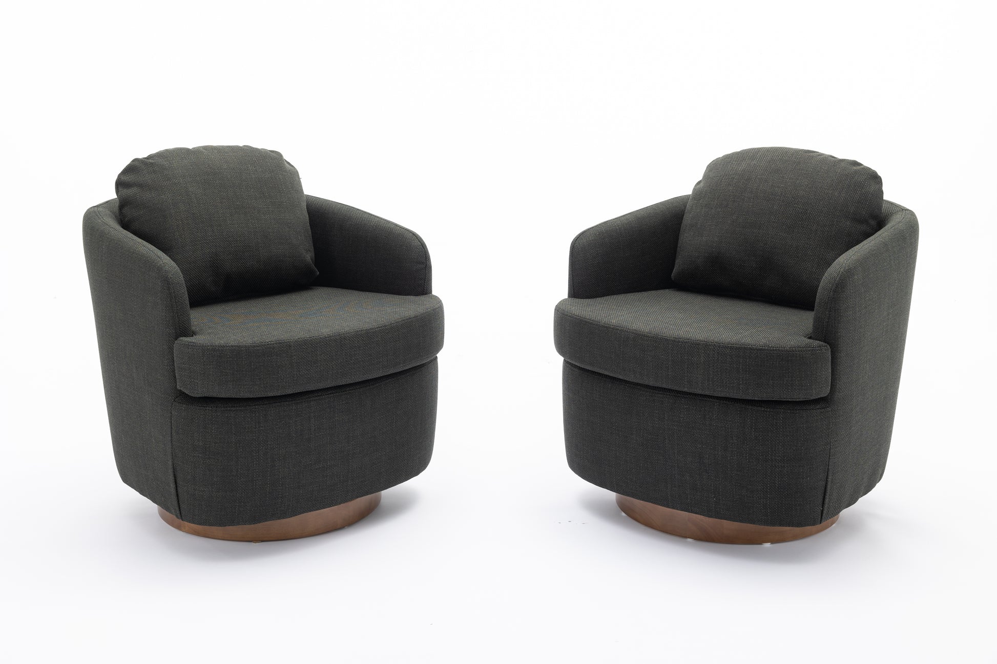 Charcoal fabric swivel accent chair with round wooden base for living room seating