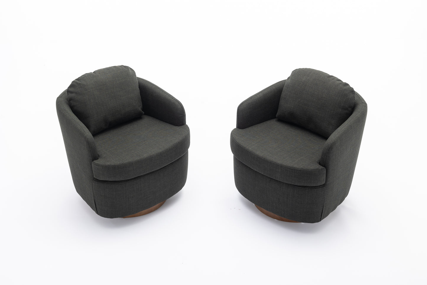 Dark grey upholstered barrel chair with wooden base and plush cushion