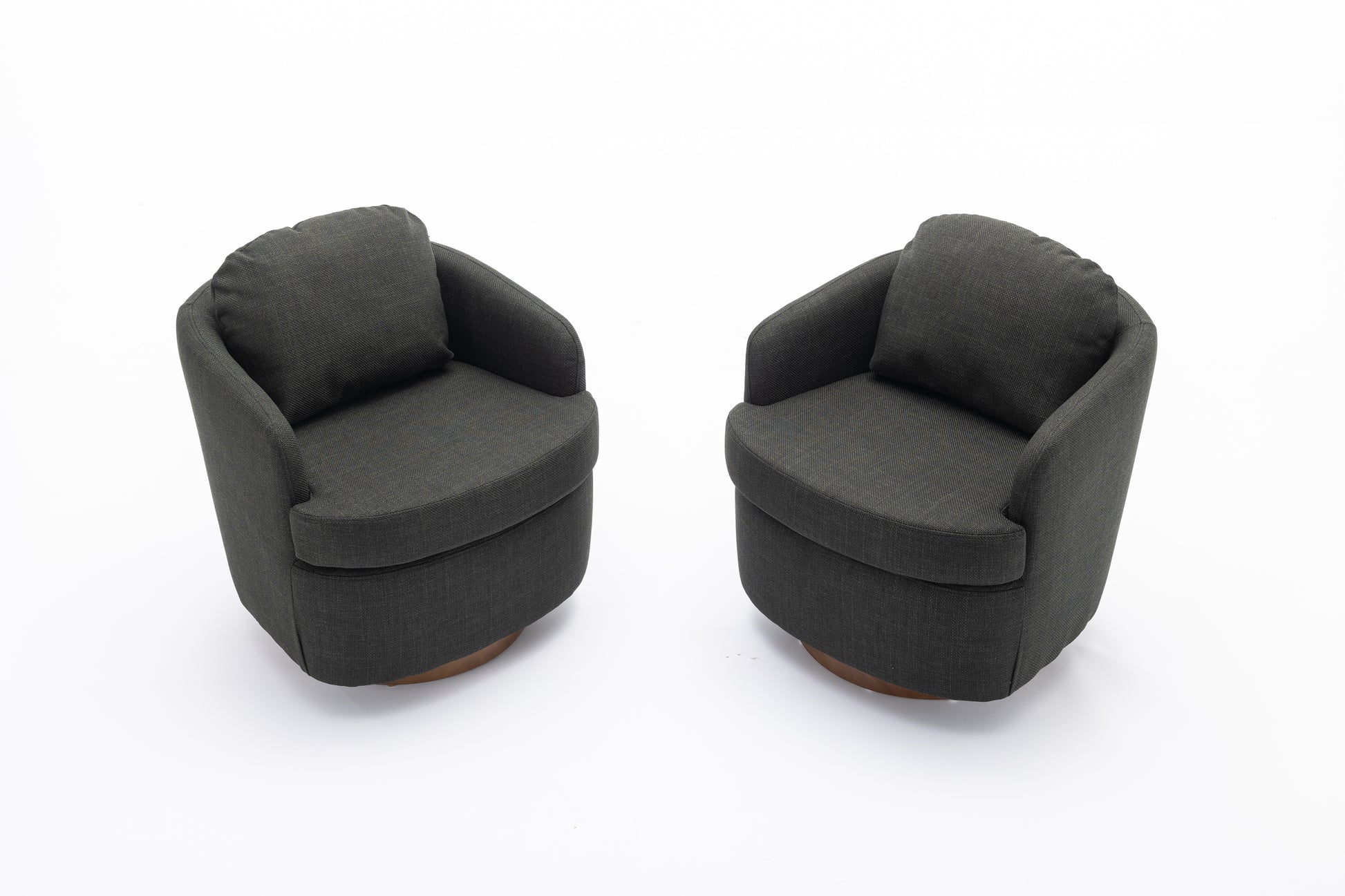 Dark grey upholstered barrel chair with wooden base and plush cushion