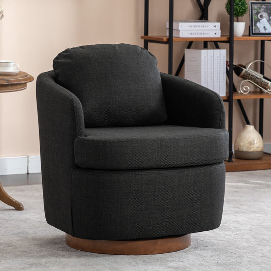 Modern charcoal swivel accent chair with wooden base and plush cushion