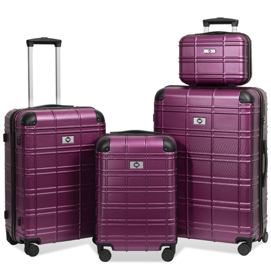 Four purple hard shell luggage pieces with textured exteriors and telescopic handles for travel
