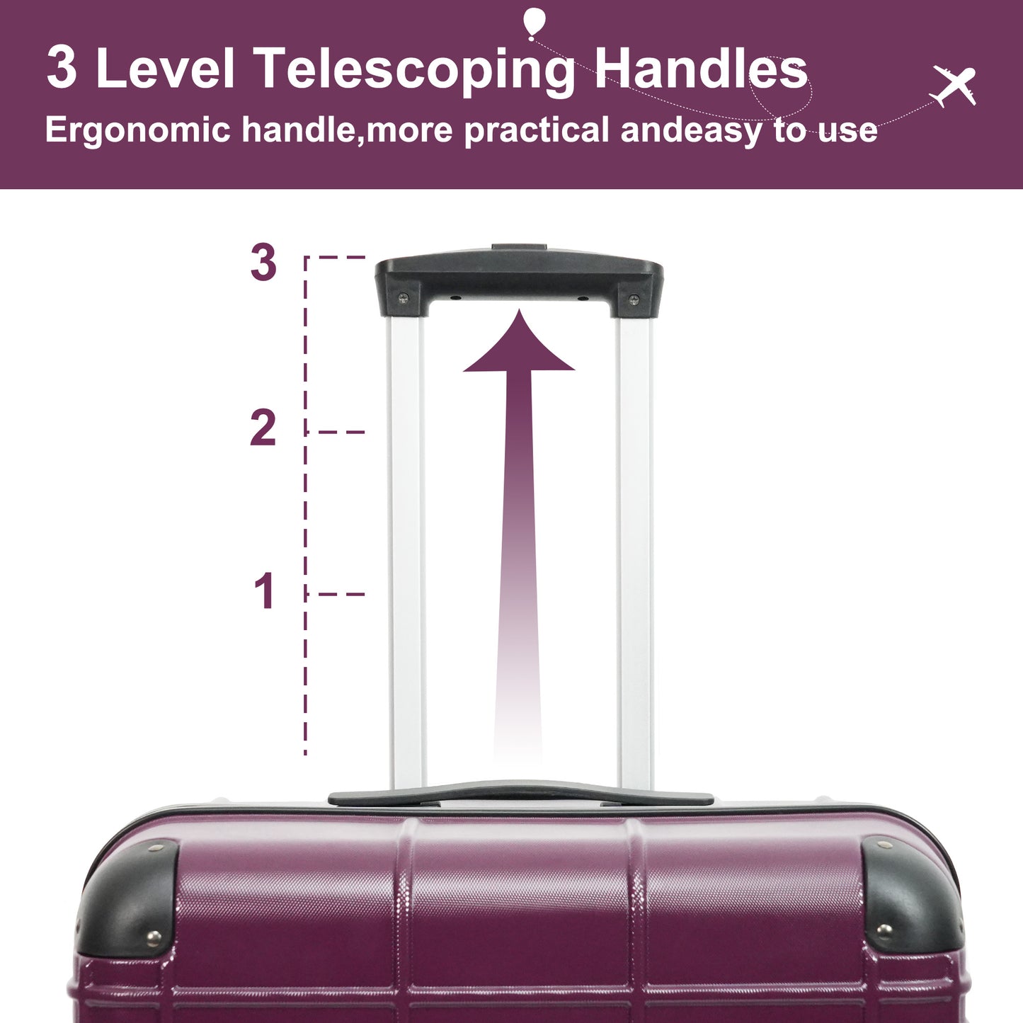 Closeup of a purple hardside suitcase with a threelevel telescoping handle