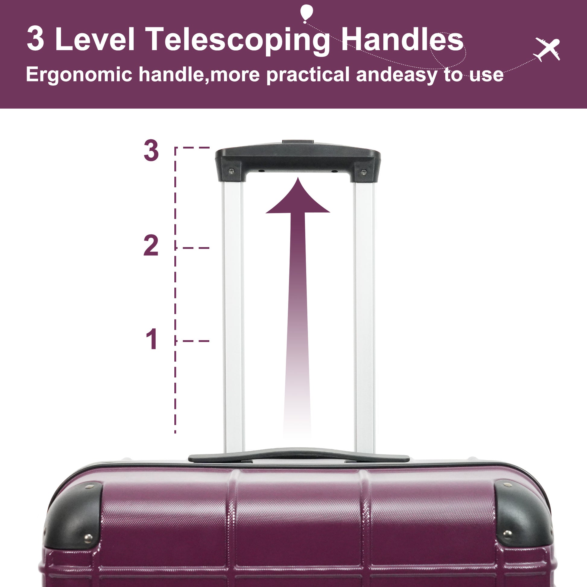 Closeup of a purple hardside suitcase with a threelevel telescoping handle