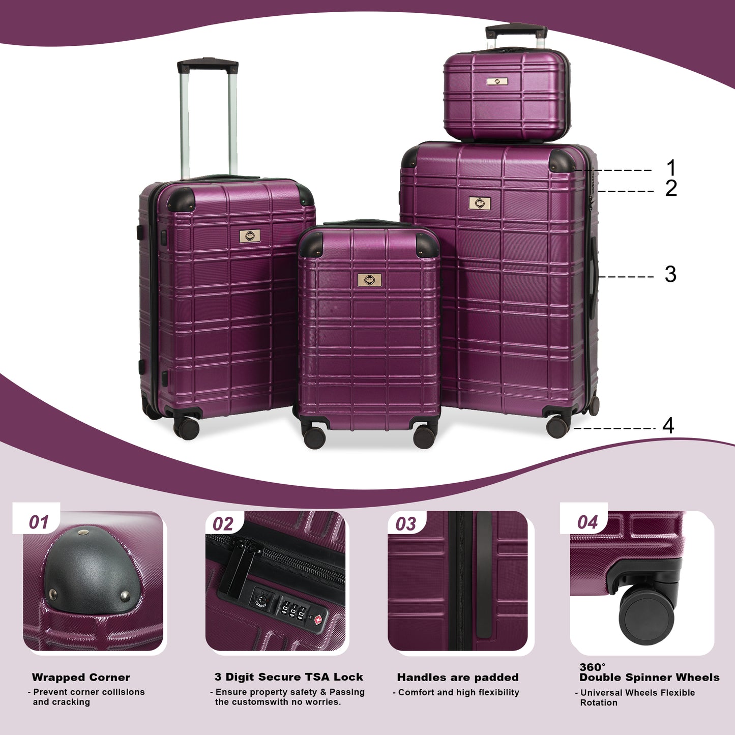 Purple hardshell luggage set with TSA lock and spinner wheels