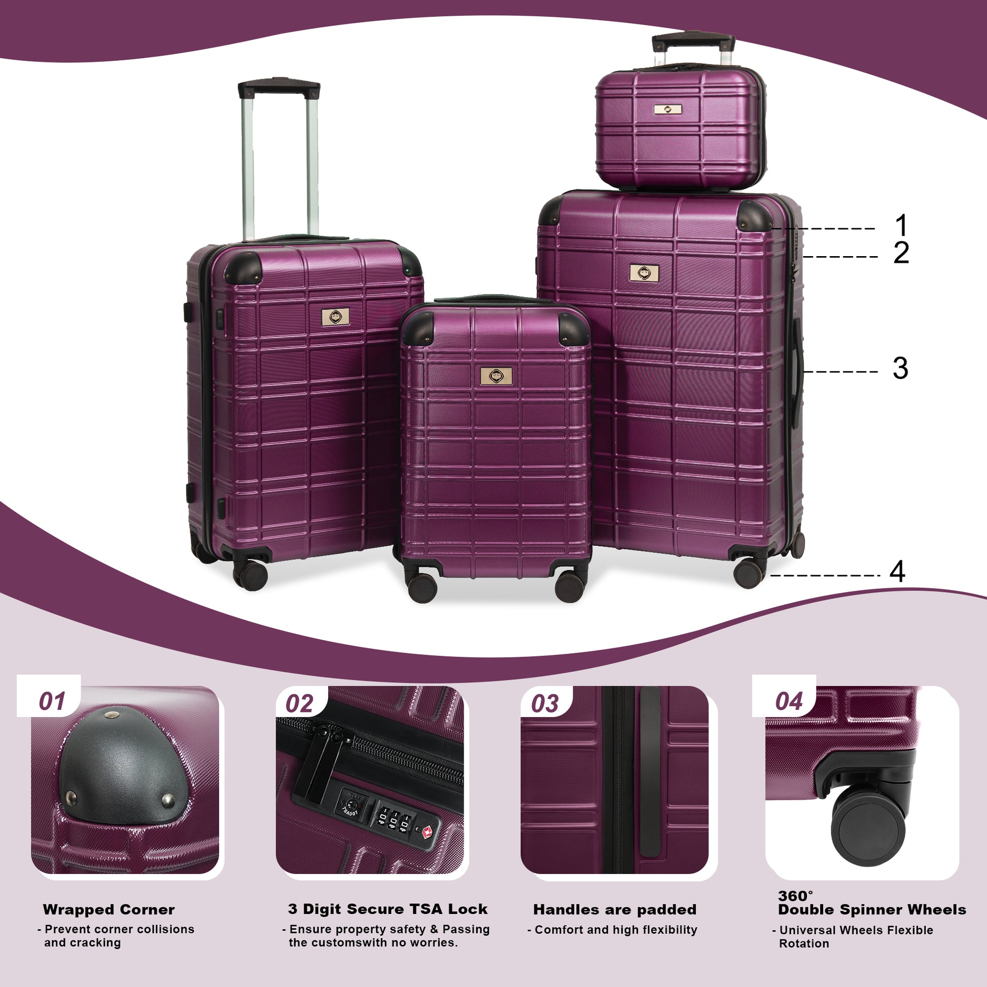 Purple hardshell luggage set with TSA lock and spinner wheels