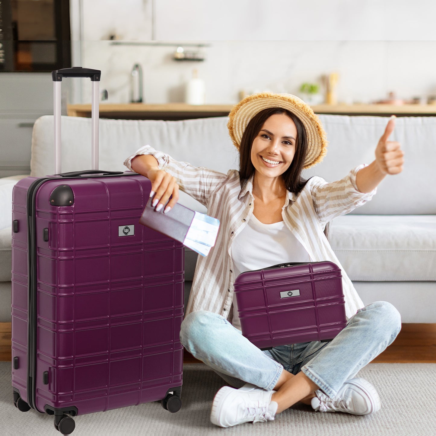 Plum hardshell suitcase with textured grid pattern perfect for travel