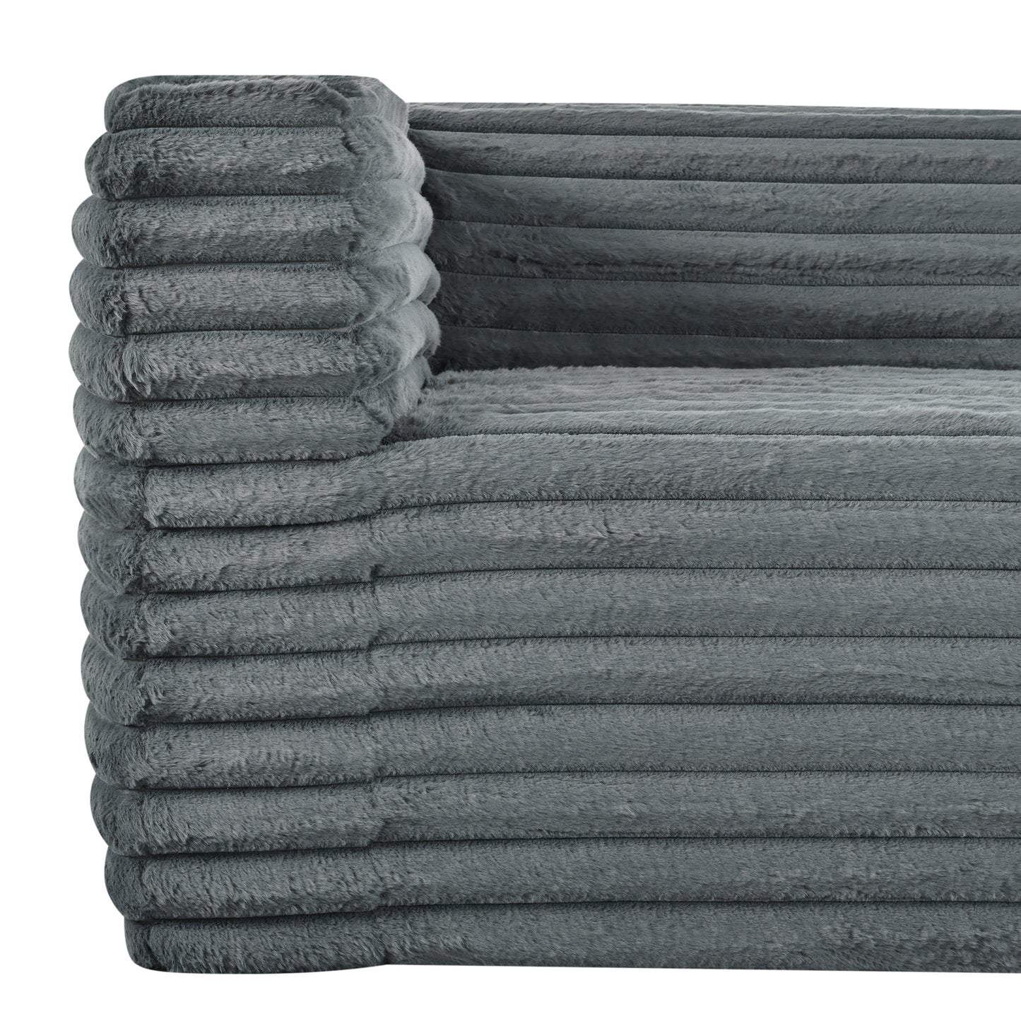 Plush grey corduroy sofa detail offering luxurious comfort and modern style for any living room