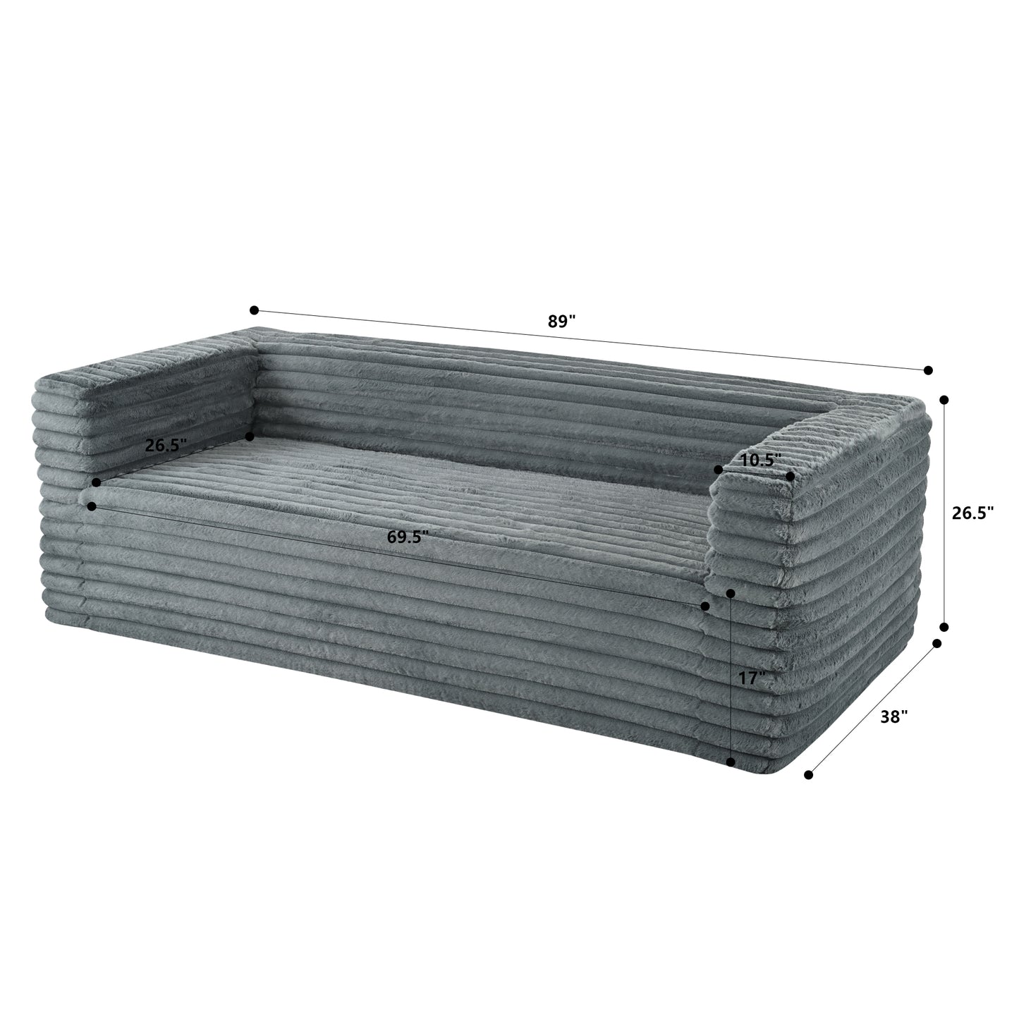 Gray corduroy sofa with plush texture and modern design dimensions shown