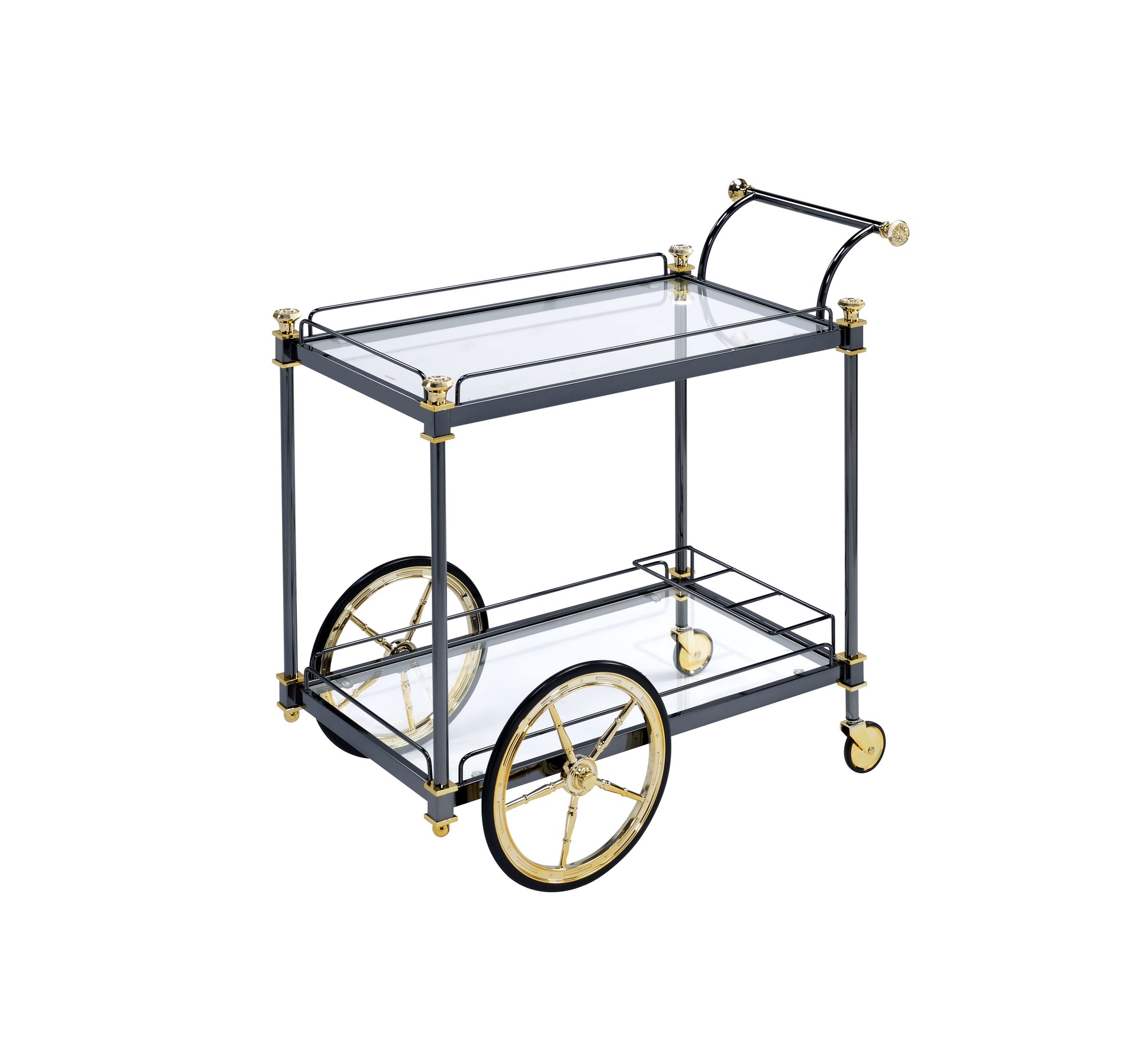 Art deco bar cart with glass shelves and gold accents