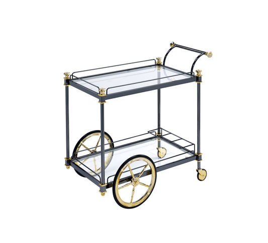 Art deco bar cart with glass shelves and gold accents