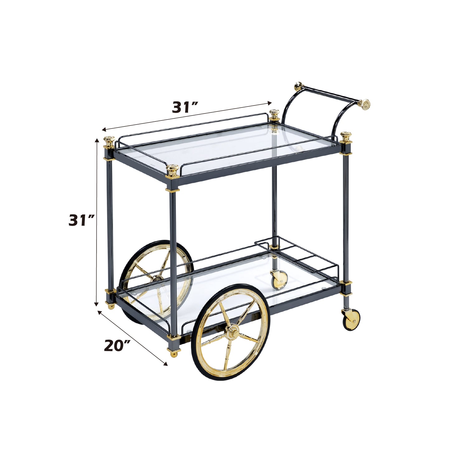 Elegant twotier bar cart with glass shelves and gold accents