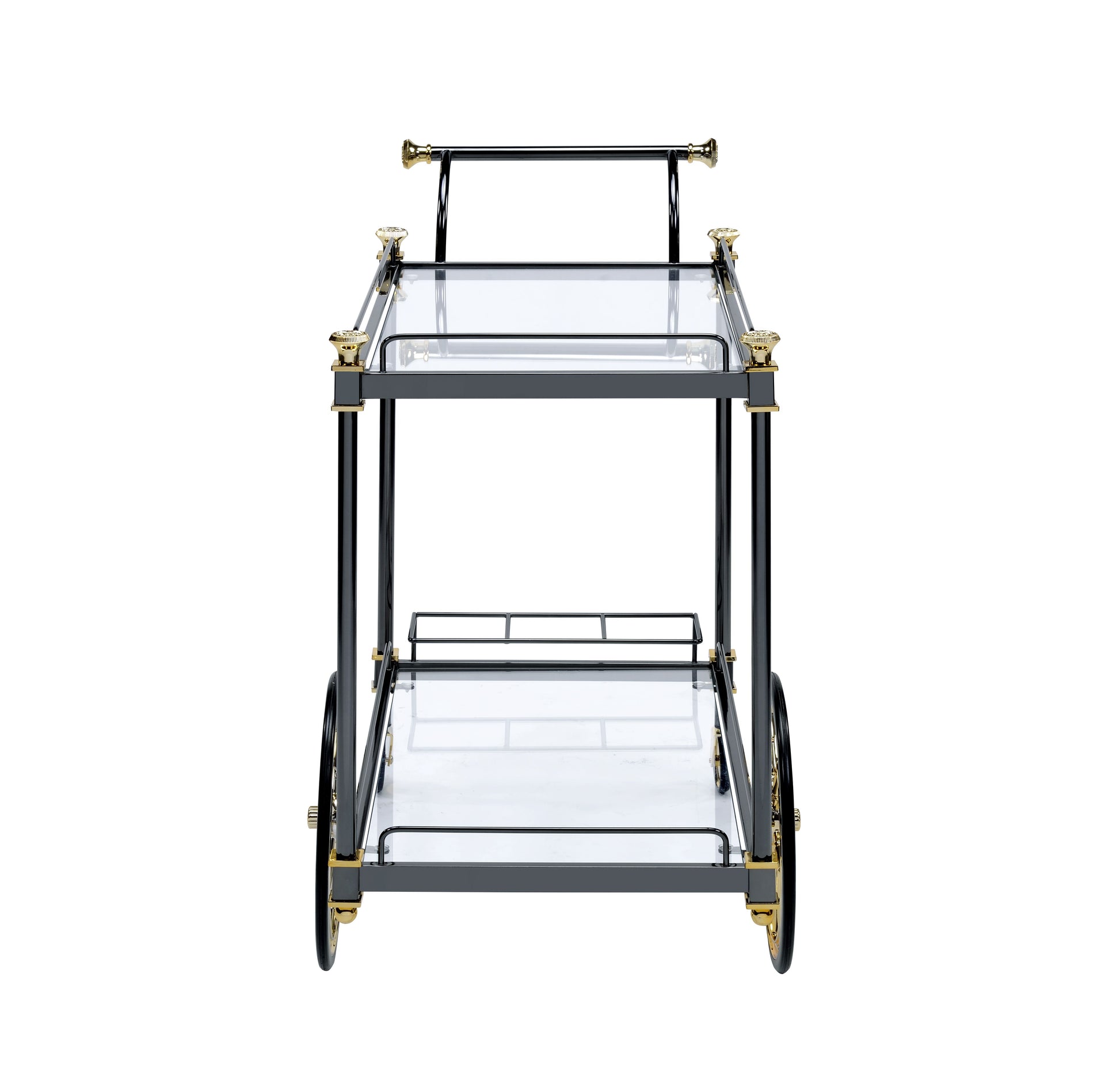 Black metal bar cart with glass shelves and gold accents