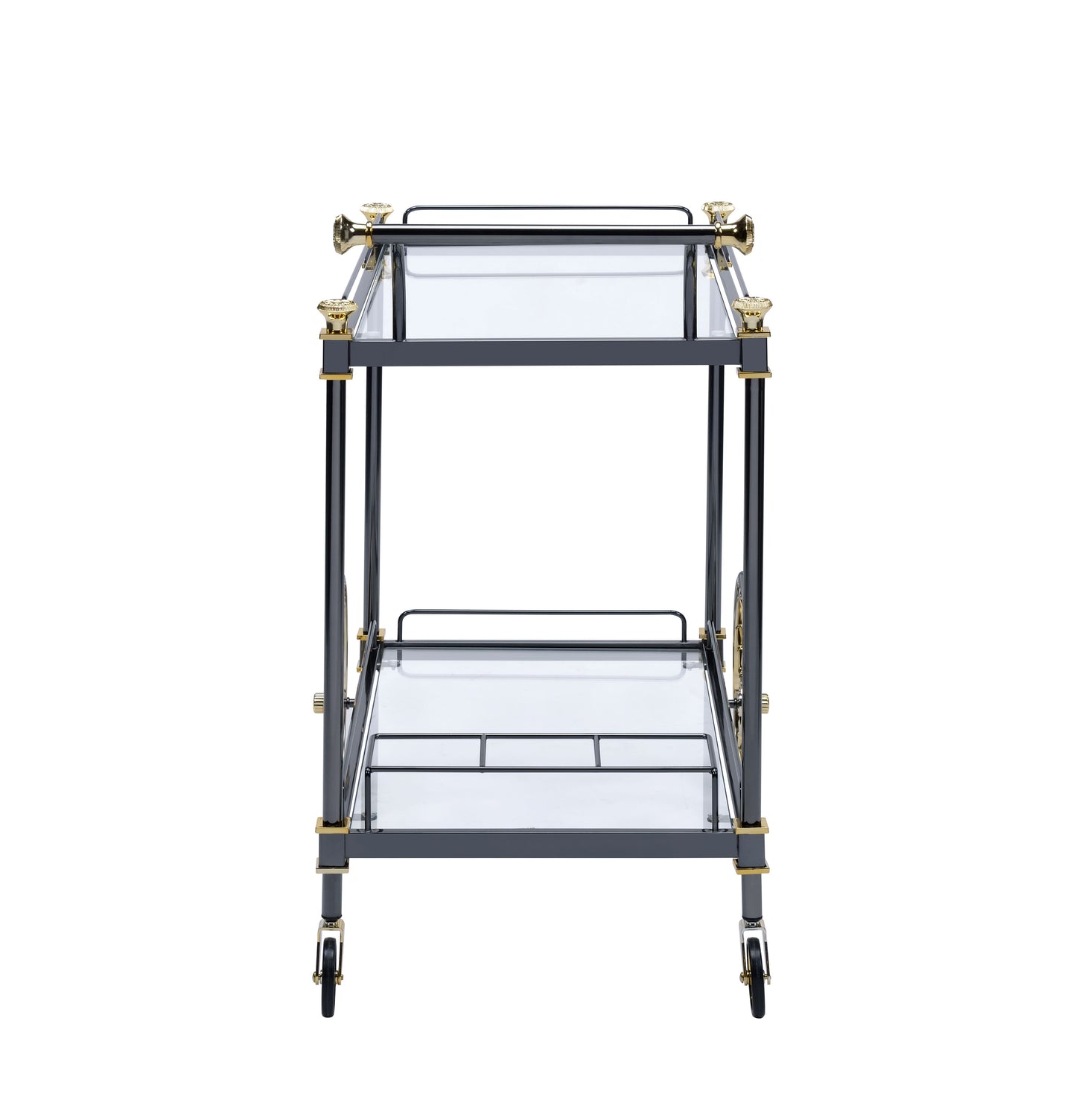 Grey metal and glass bar cart with gold accents