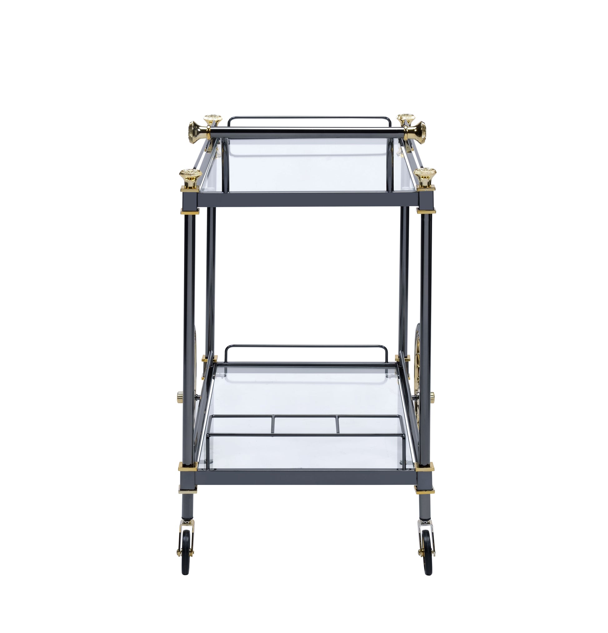 Grey metal and glass bar cart with gold accents