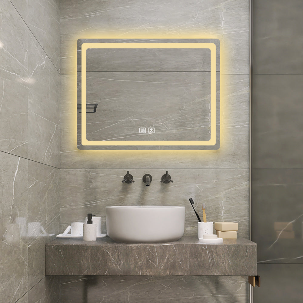 Illuminated bathroom mirror with adjustable brightness and defogger modern design