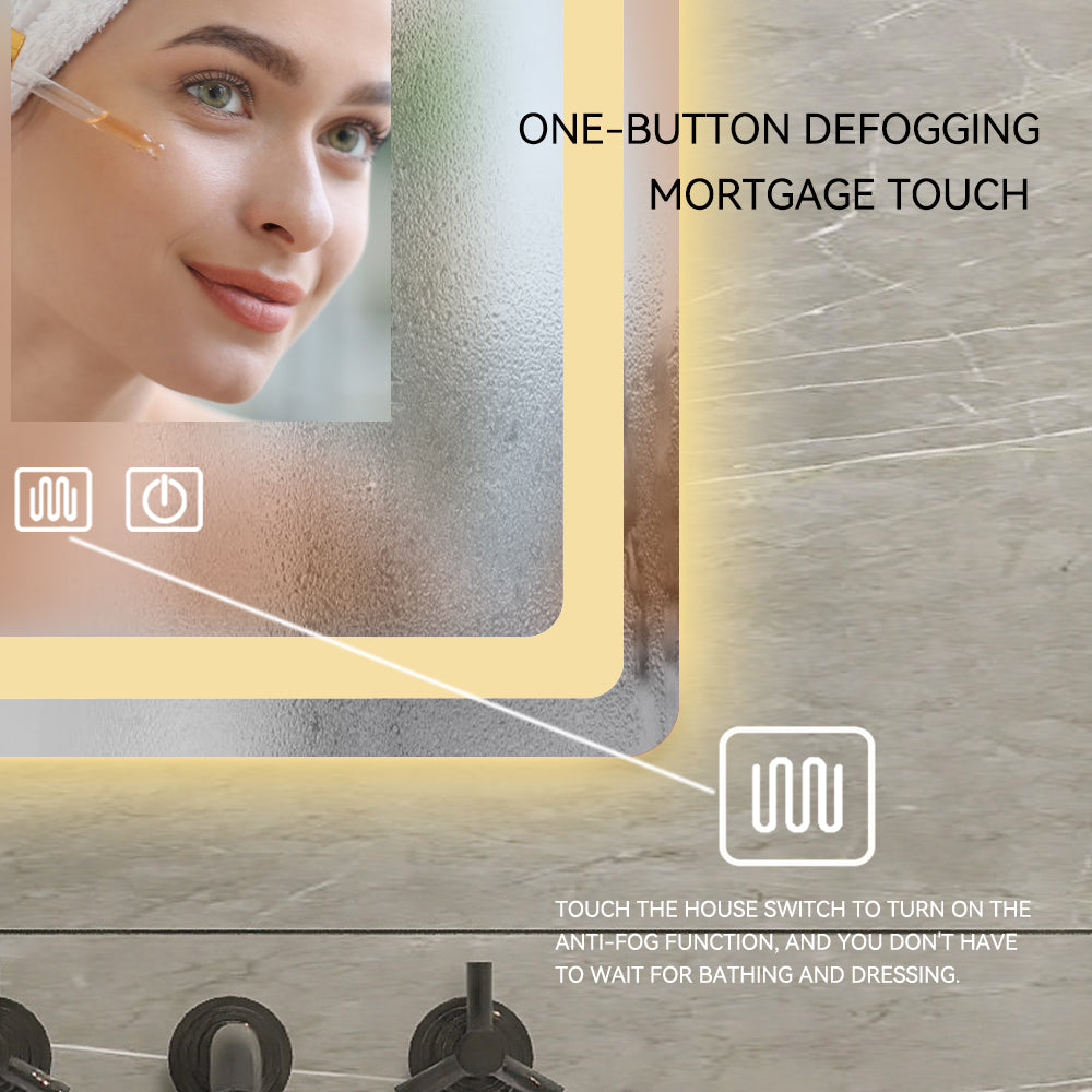 Modern bathroom mirror with onebutton defogging feature and warm LED lighting