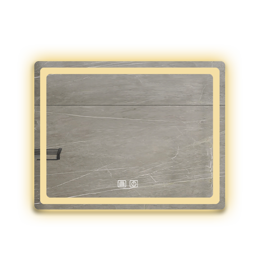 Rectangular LED bathroom mirror with warm lighting and touch controls