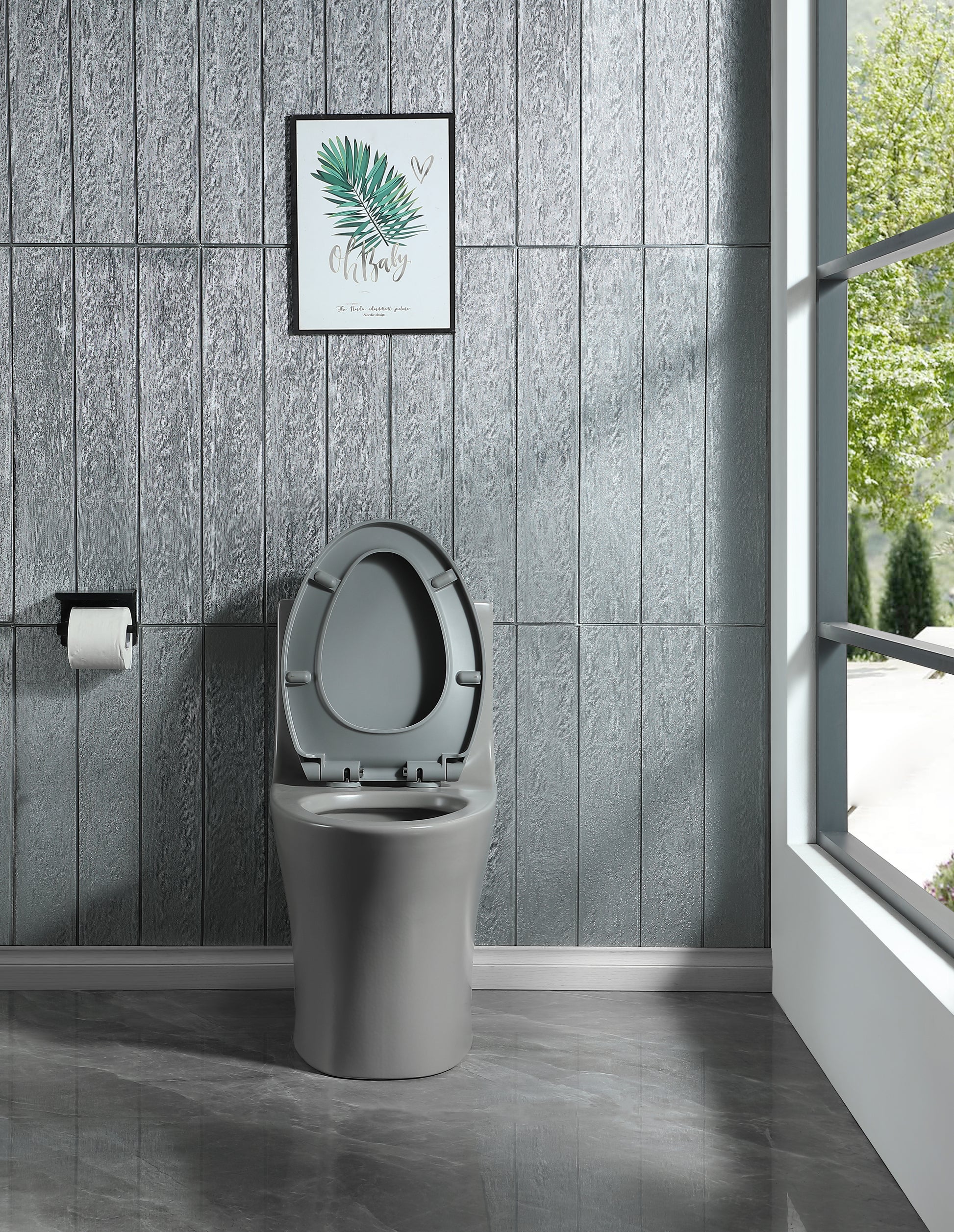 Modern gray ceramic toilet with softclose lid and dual flush system for efficient water use