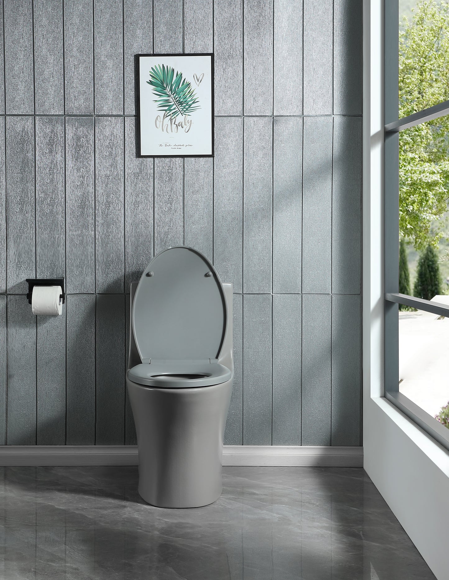 Modern grey onepiece toilet with closed lid in a bathroom with textured walls