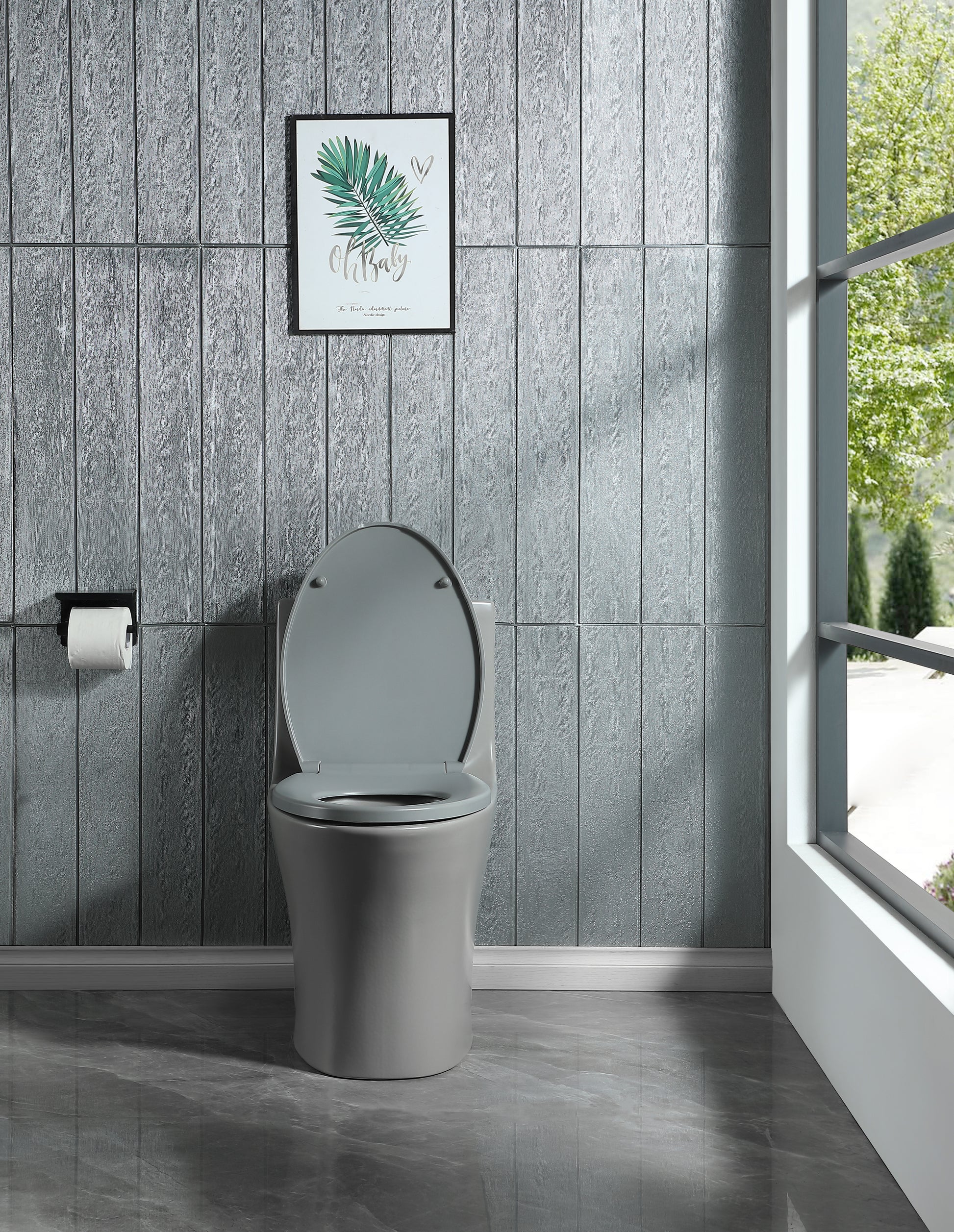 Modern grey onepiece toilet with closed lid in a bathroom with textured walls