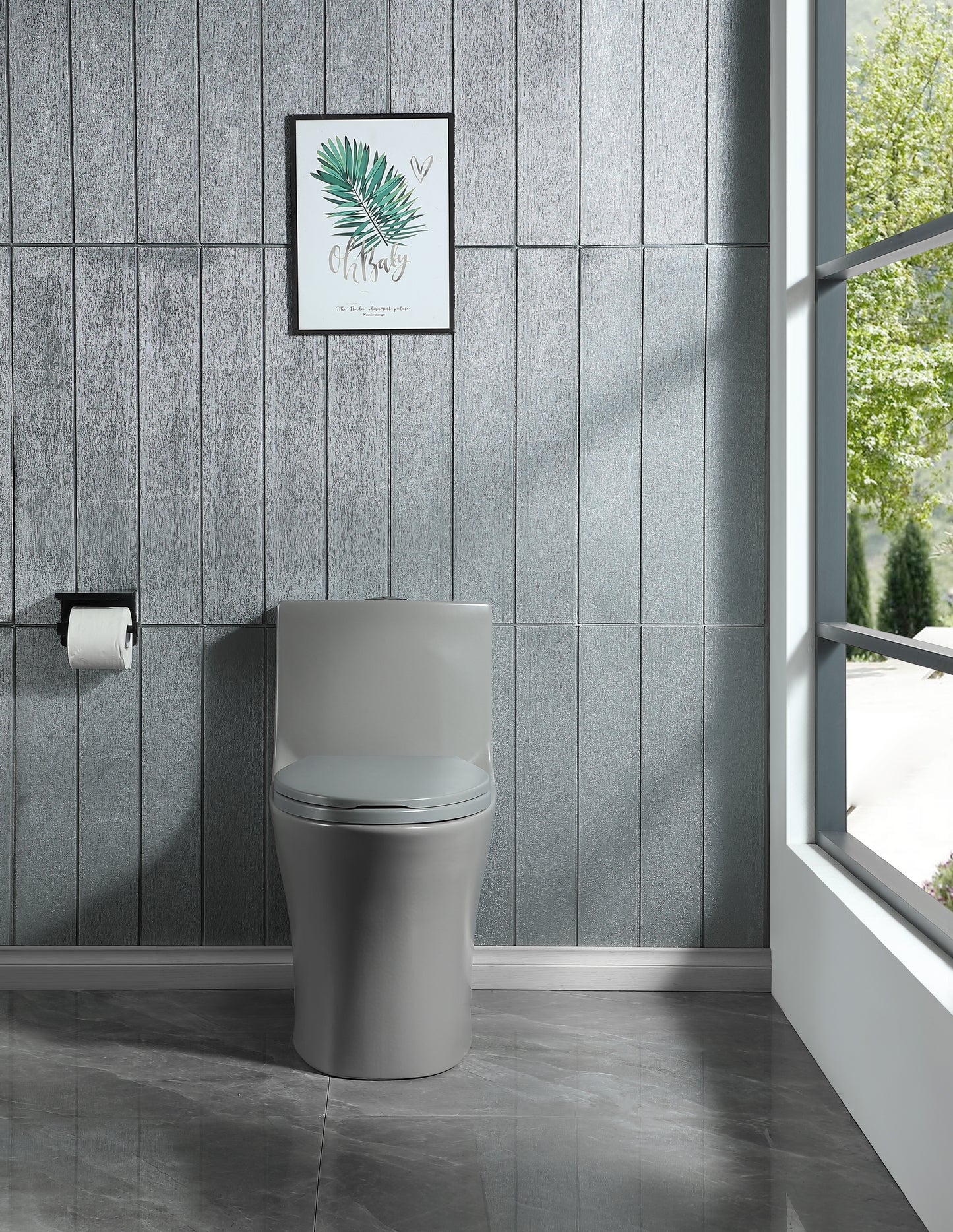 Modern grey onepiece toilet with concealed cistern and softclose seat