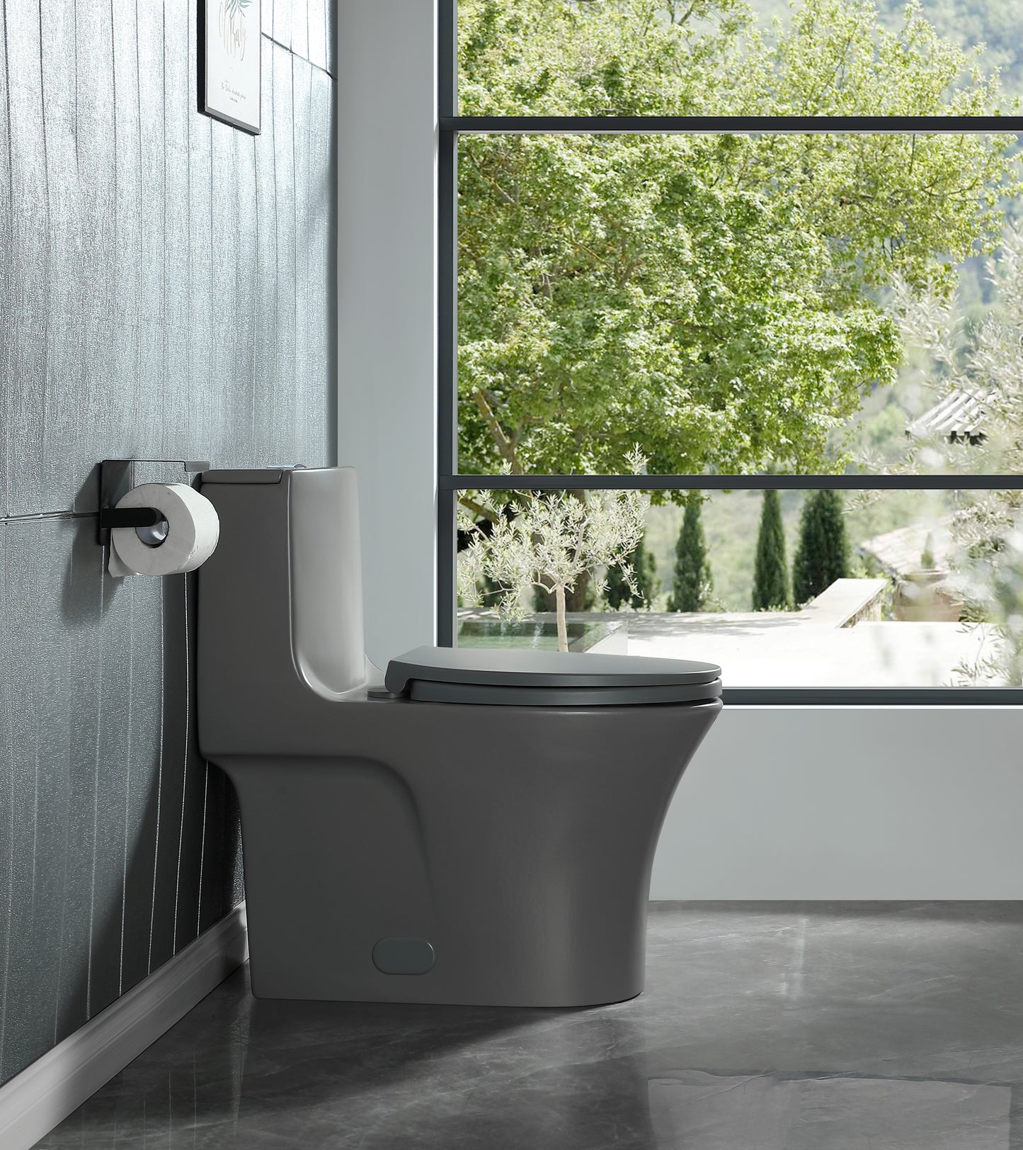Dark gray onepiece toilet with a modern matte finish ideal for contemporary bathrooms
