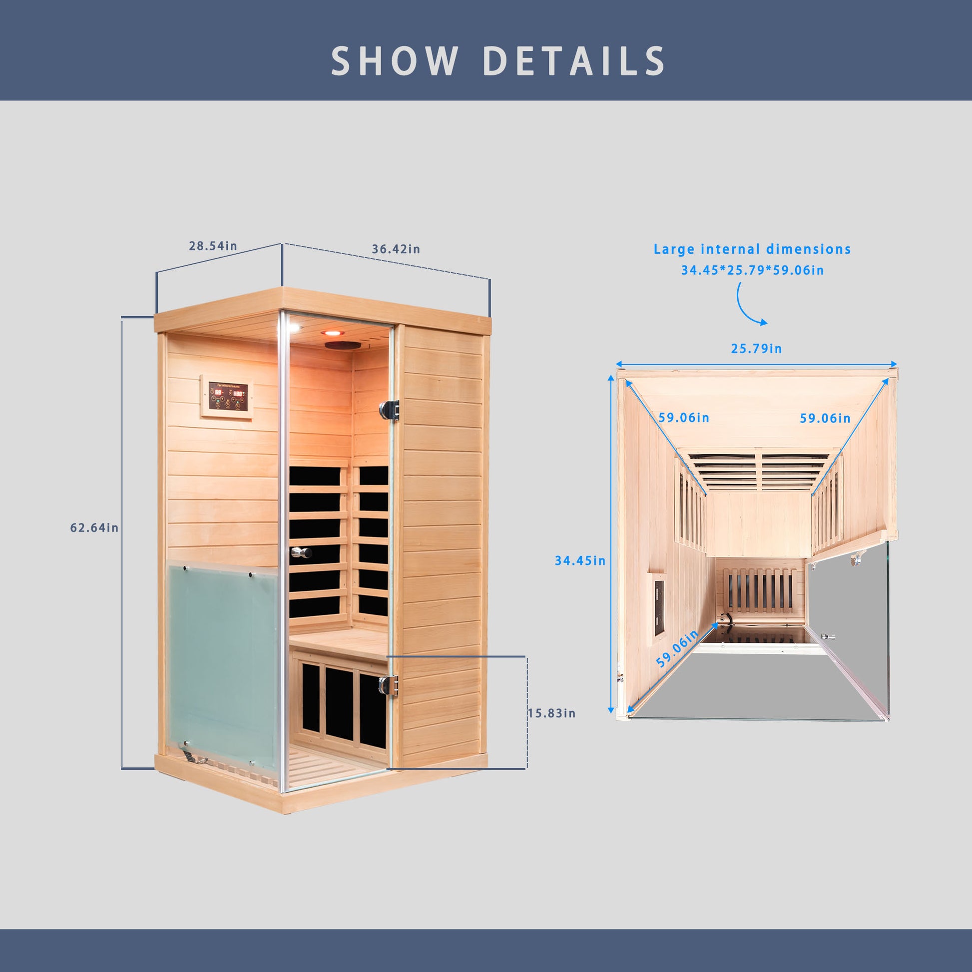 Natural wood infrared sauna cabin with glass door and digital control panel