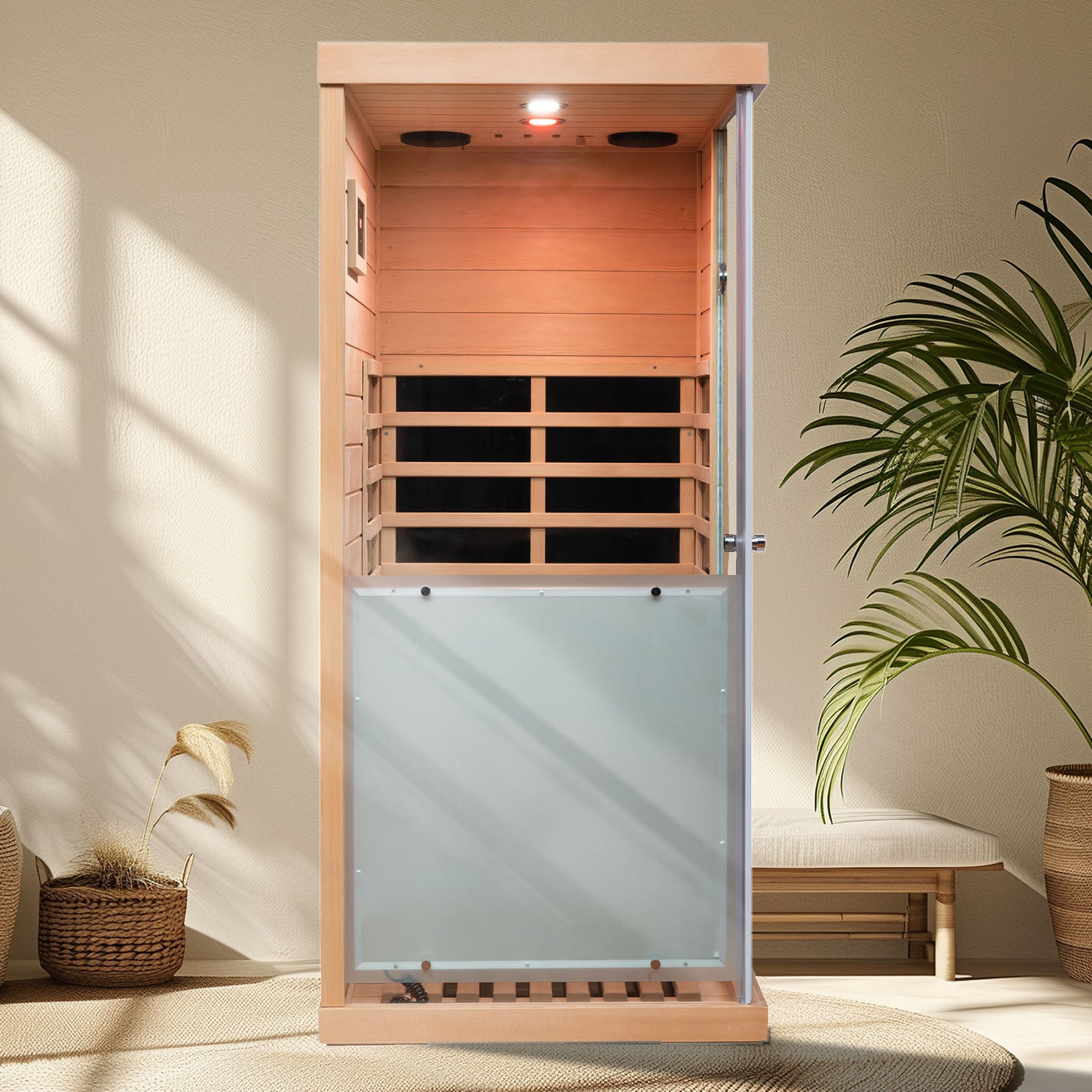 Wooden infrared sauna cabin with glass door and integrated heating elements