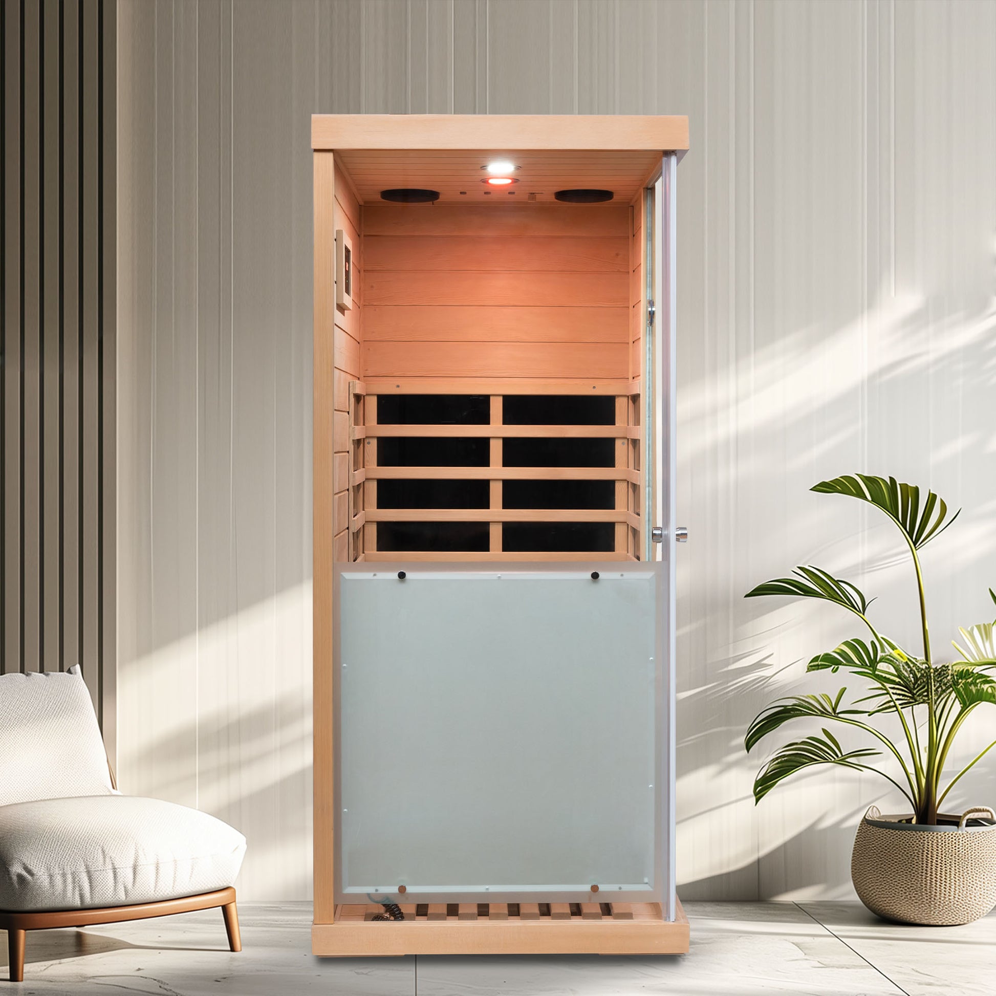 Natural wood infrared sauna cabin with glass door and frosted panel