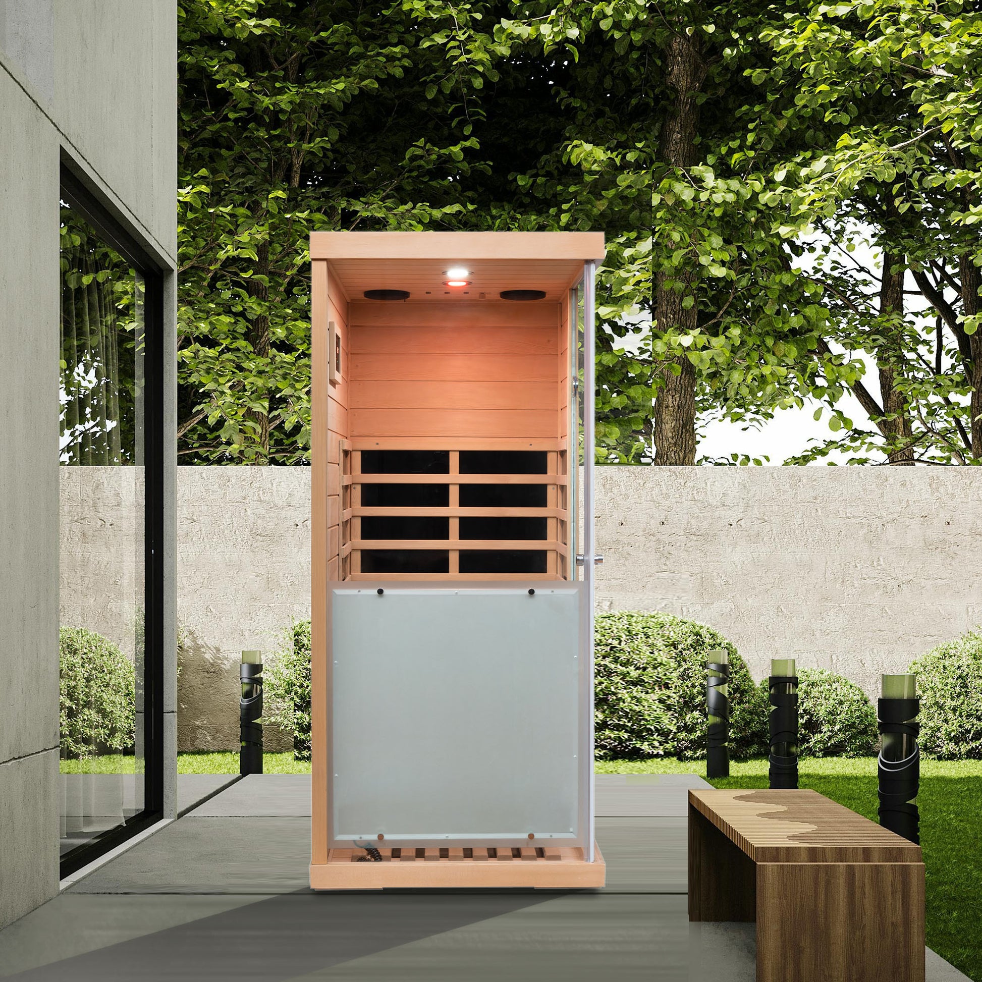 Wooden infrared sauna unit with glass door and frosted panel suitable for backyard relaxation