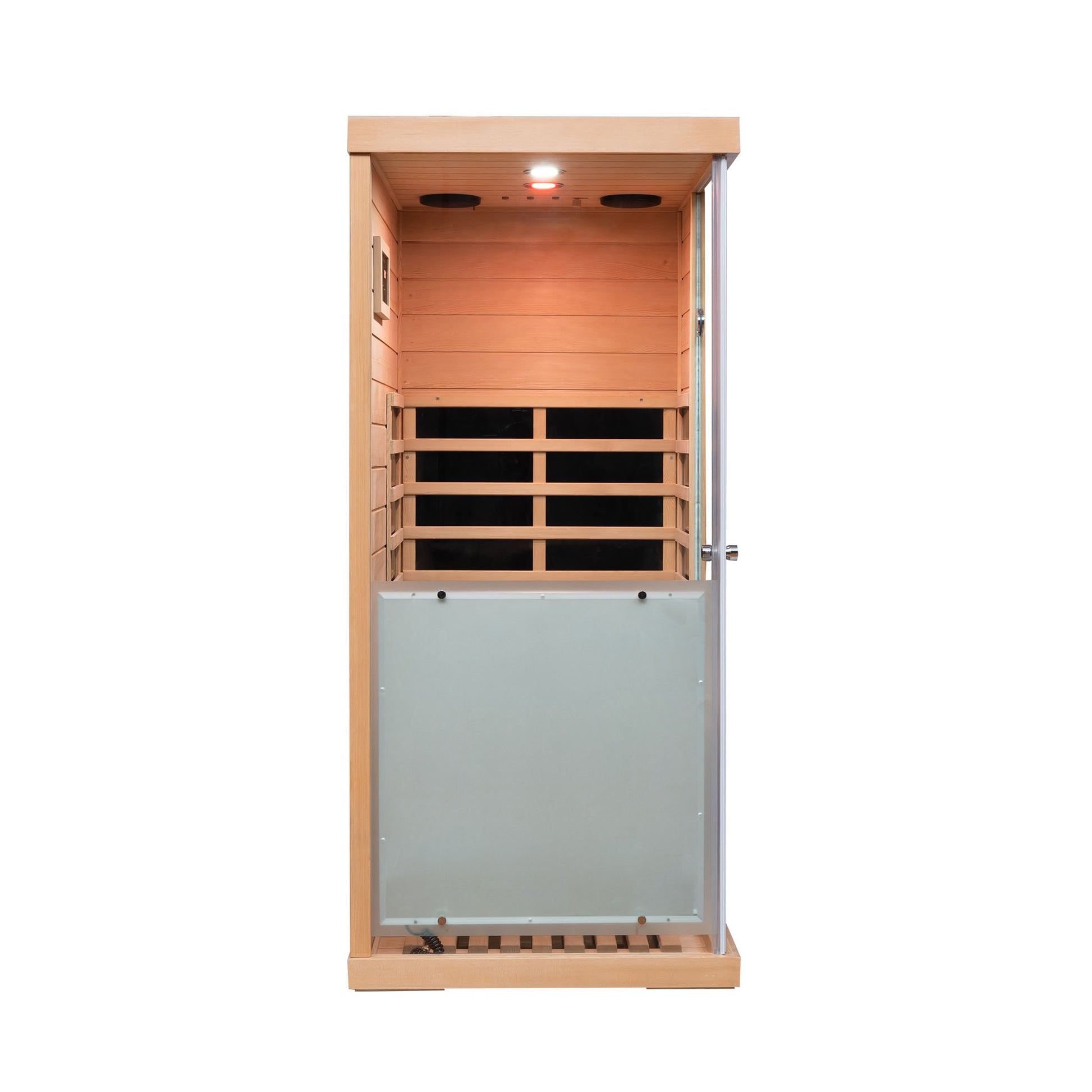 Modern wooden infrared sauna cabin with glass door and integrated LED lighting