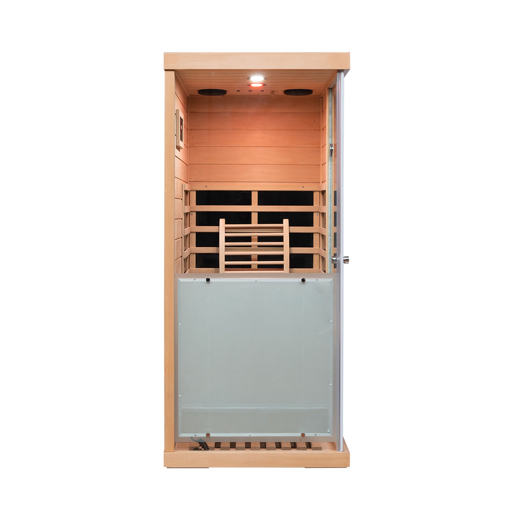 Compact cedar sauna cabin with glass door and interior wood bench