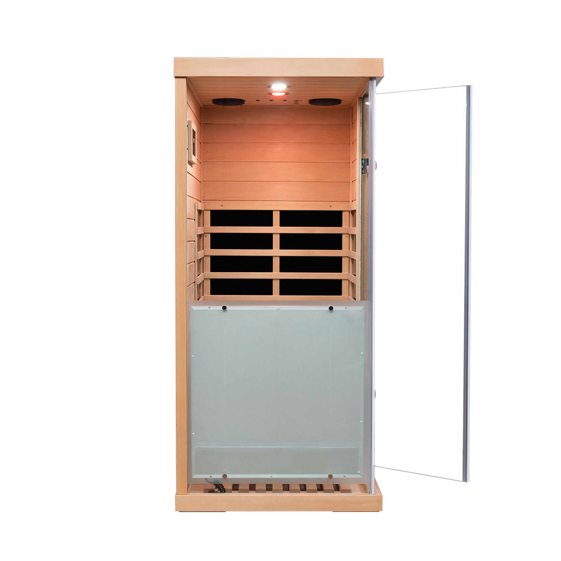 Compact wooden infrared sauna cabin with glass door featuring interior heating panels