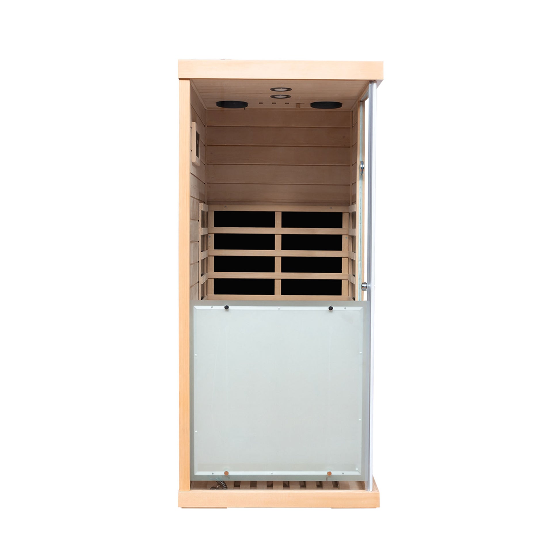 Wooden infrared sauna cabin with glass door and slatted interior seating ideal for home relaxation