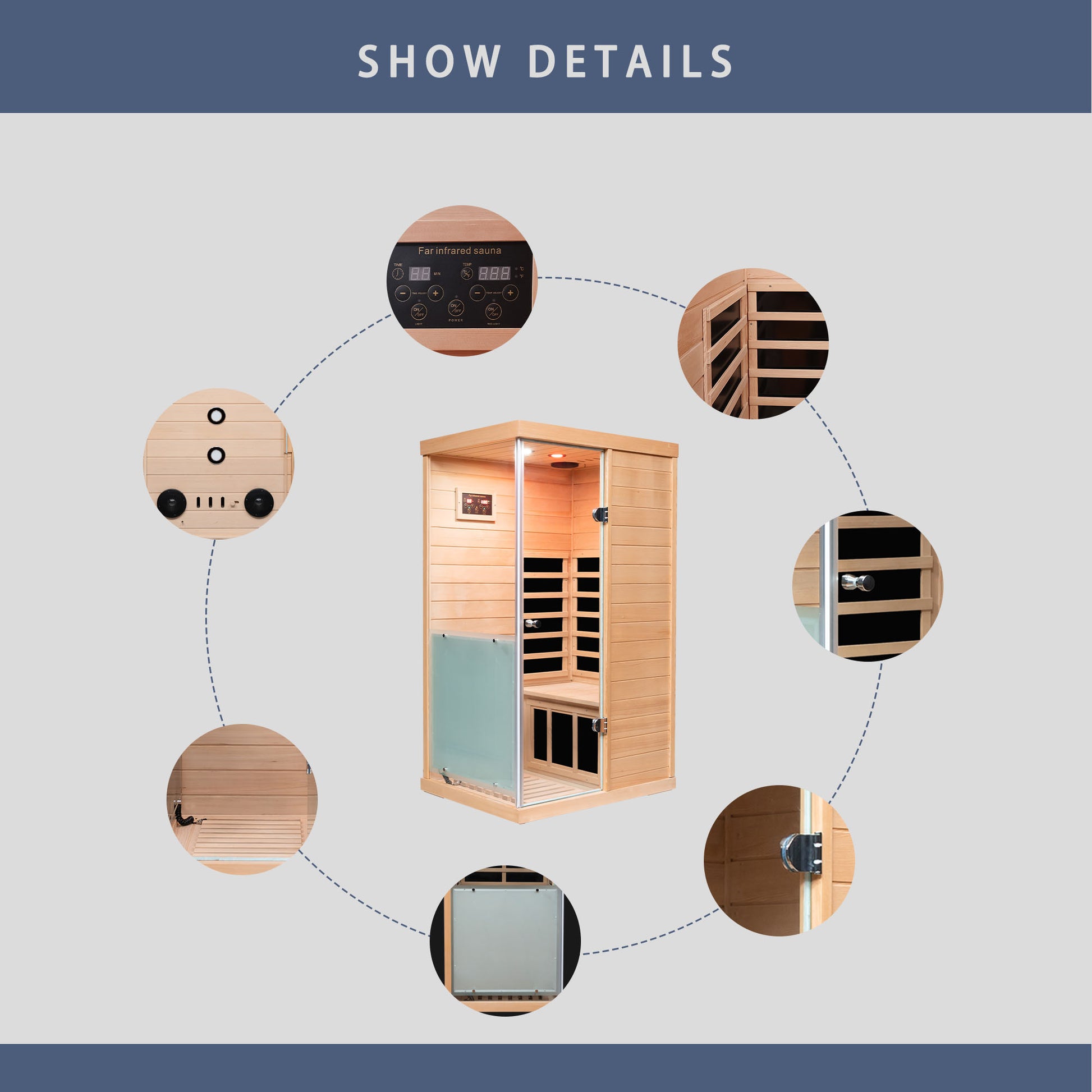 Compact cedar infrared sauna with digital controls and glass door