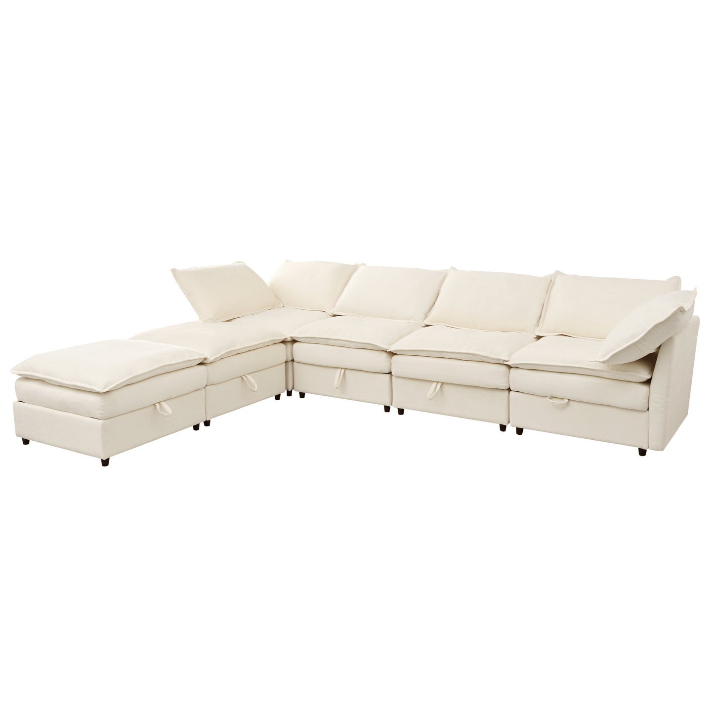 Cream sectional sofa with chaise and storage compartments on white background