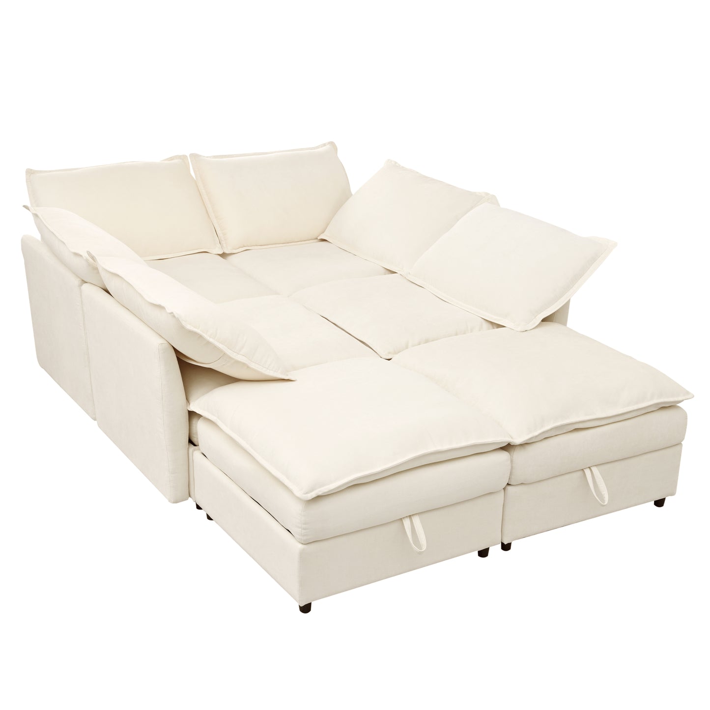 Cream fabric sectional sofa with storage ottomans and plush cushions