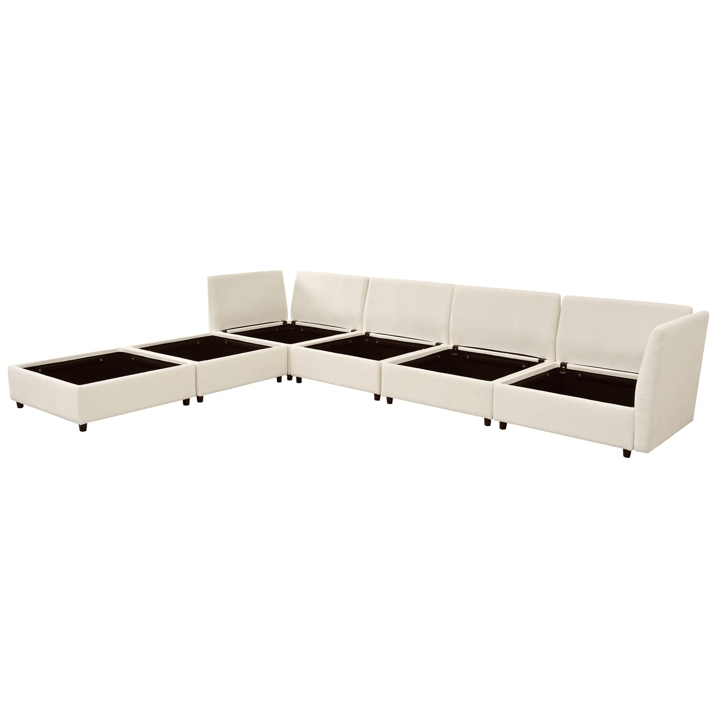 Cream sectional sofa with open storage compartments and plush upholstery