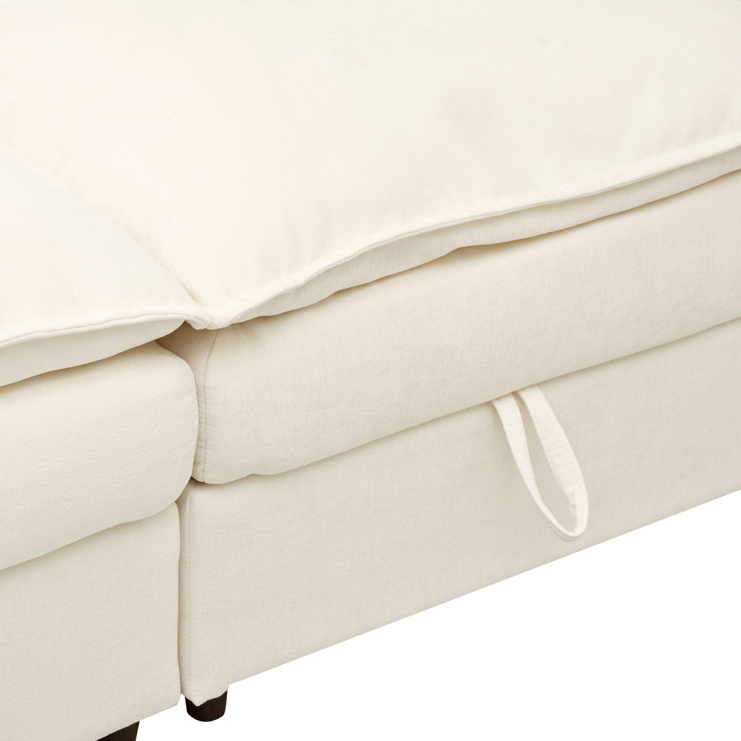 Cream upholstered sectional sofa with visible pull tab for storage access modern design