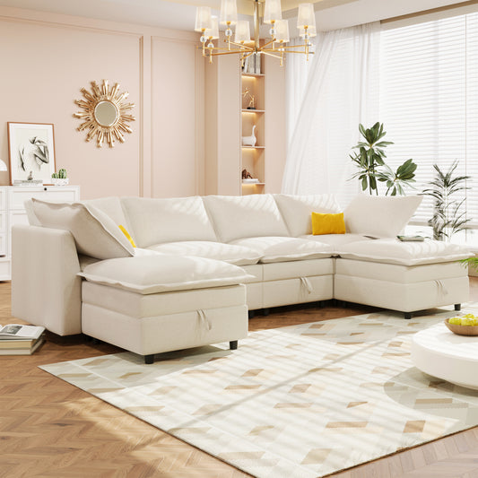 Plush beige fabric sectional sofa with hidden storage compartments and bright yellow accent pillows