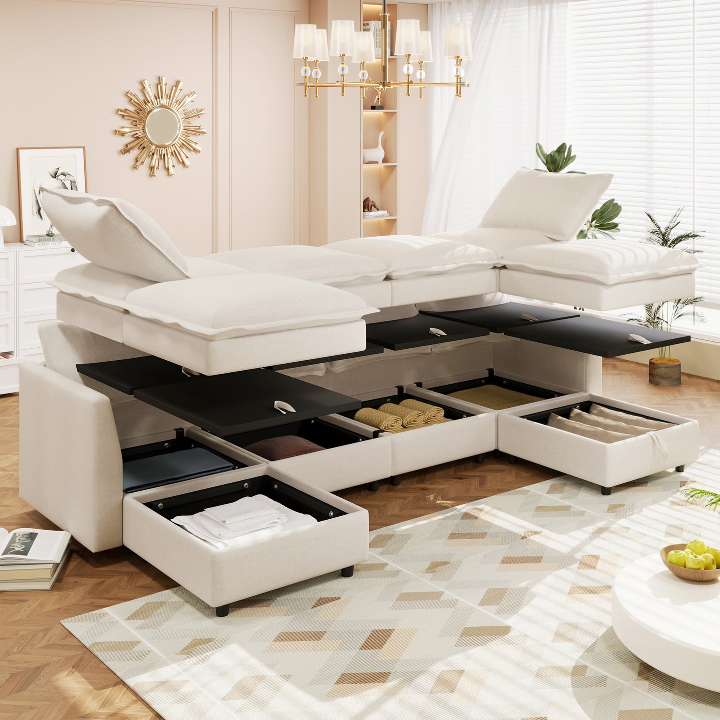Beige sectional sofa with hidden storage compartments perfect for a living room