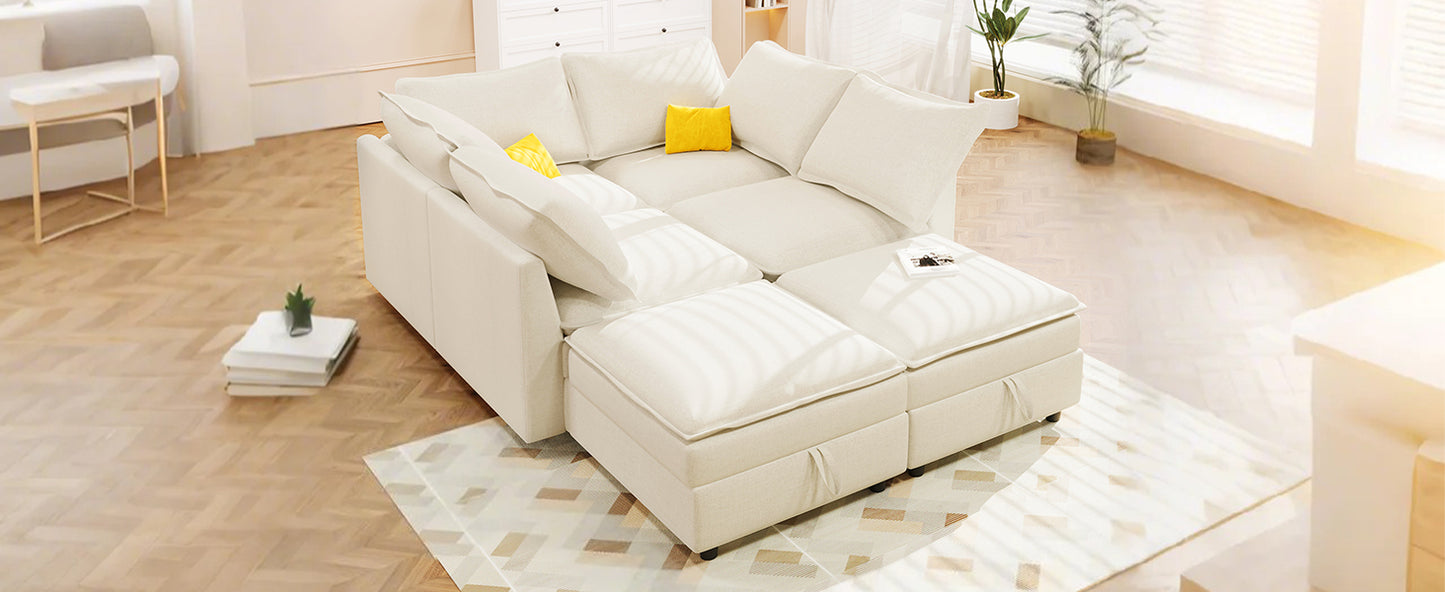 Cream sectional sofa with plush cushions and matching ottomans perfect for modern living rooms