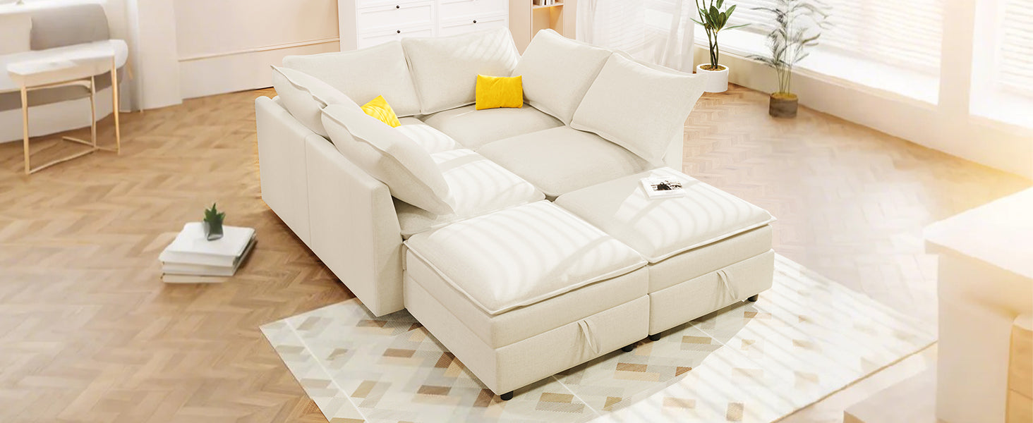 Cream sectional sofa with plush cushions and matching ottomans perfect for modern living rooms