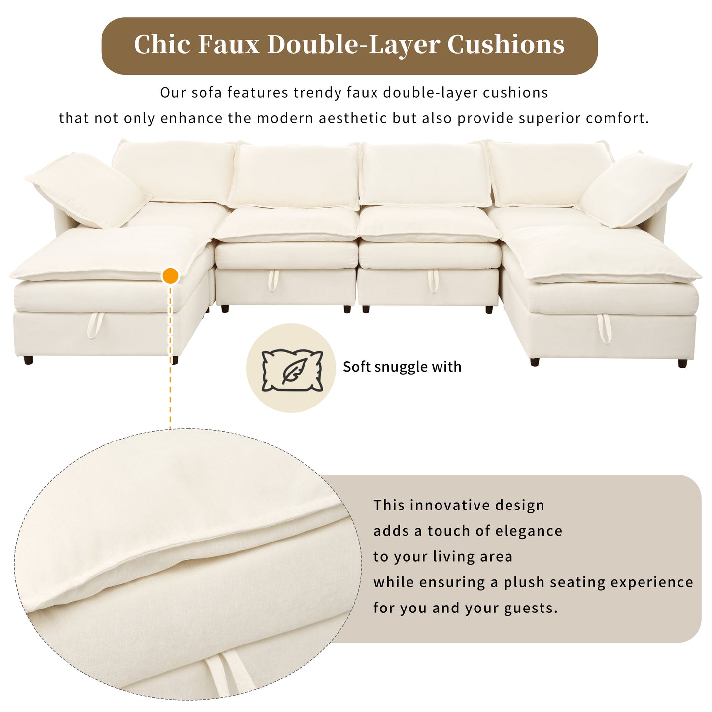 Cream Ushaped sectional sofa with plush faux doublelayer cushions for modern living rooms