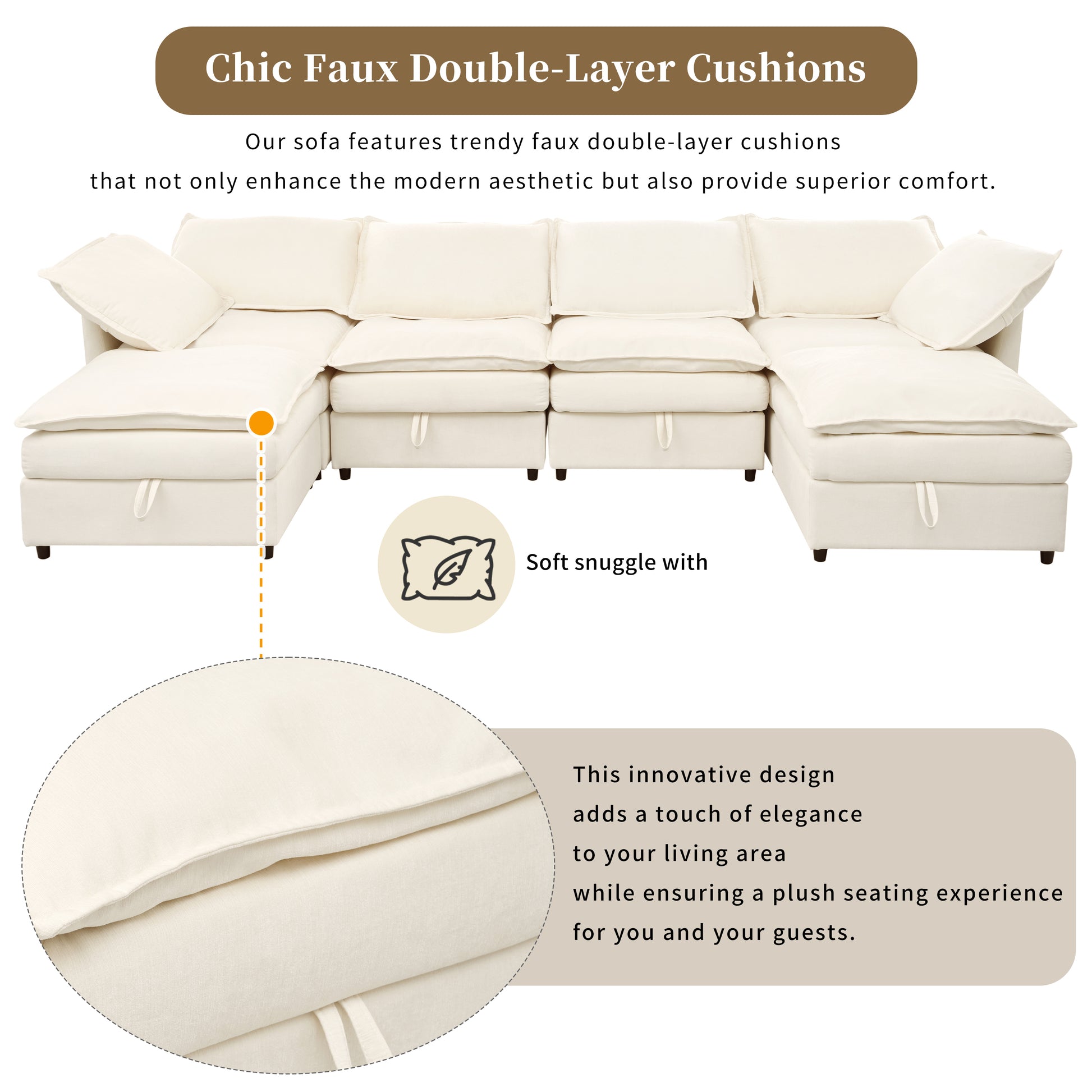 Cream Ushaped sectional sofa with plush faux doublelayer cushions for modern living rooms