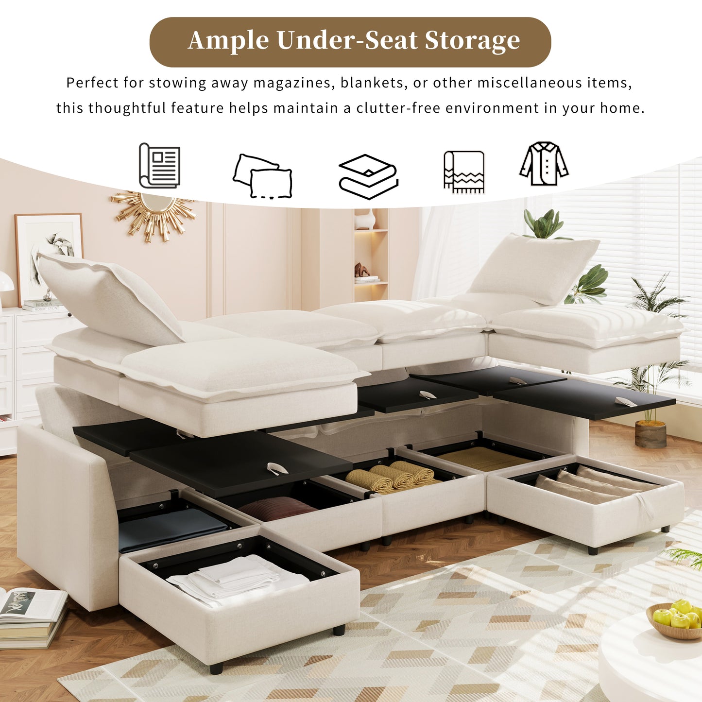 Beige sectional sofa with ample underseat storage revealed displaying neatly folded blankets
